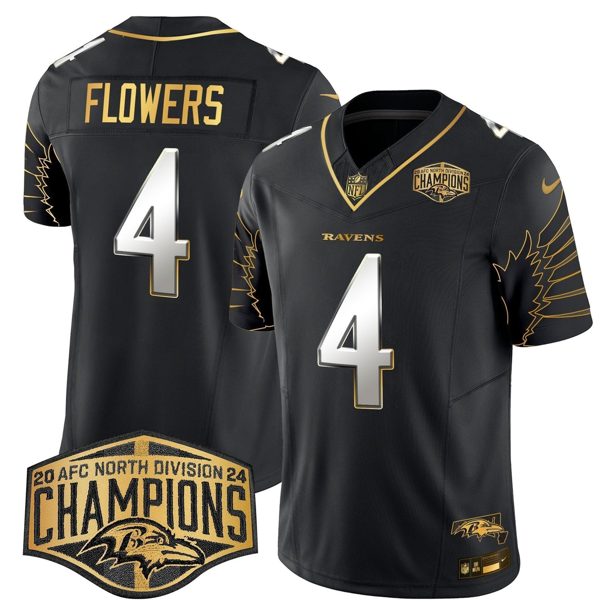 Ravens Maryland 2024 AFC North Division Champions Patch Gold Vapor Limited Jersey - Stitched