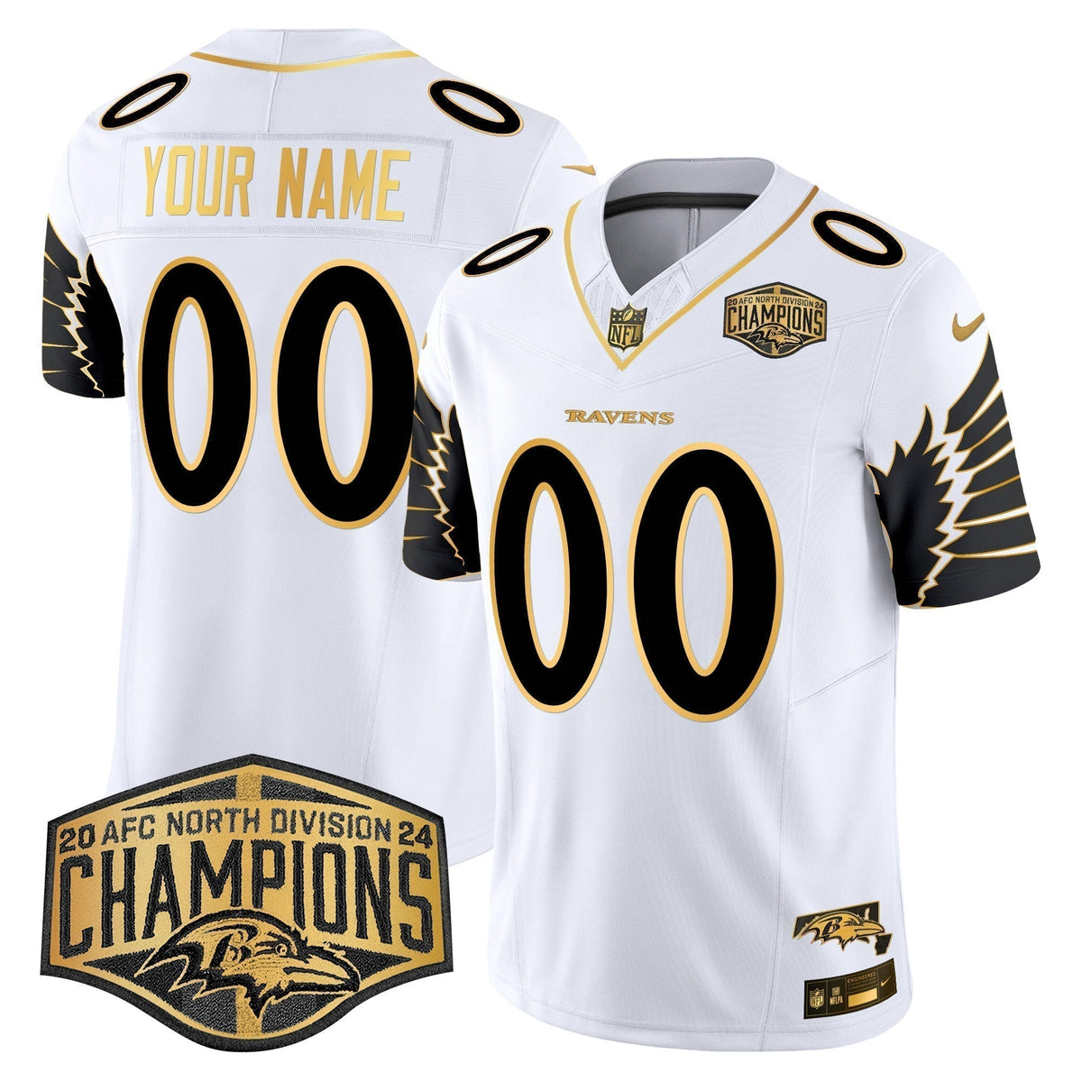 Ravens Maryland 2024 AFC North Division Champions Patch Gold Vapor Limited Custom Jersey - Stitched