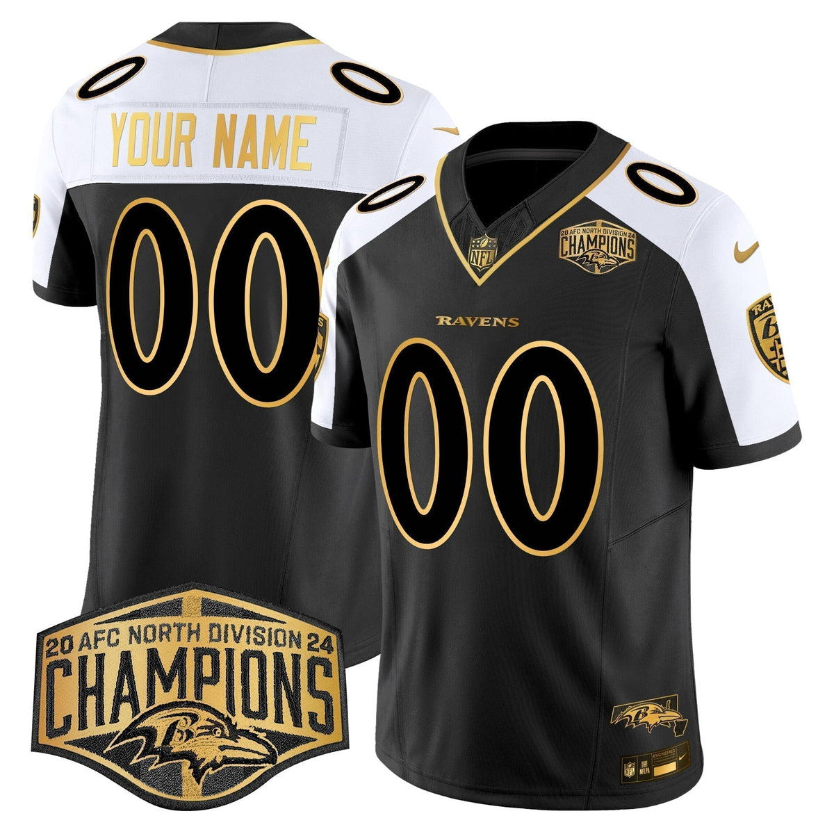 Ravens Maryland 2024 AFC North Division Champions Patch Gold Vapor Limited Custom Jersey - Stitched