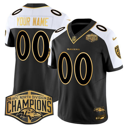 Ravens Maryland 2024 AFC North Division Champions Patch Gold Vapor Limited Custom Jersey - Stitched
