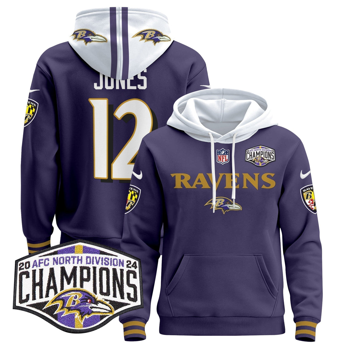 BAL 2024 AFC North Division Champions Patch Pullover Hoodie - Stitched