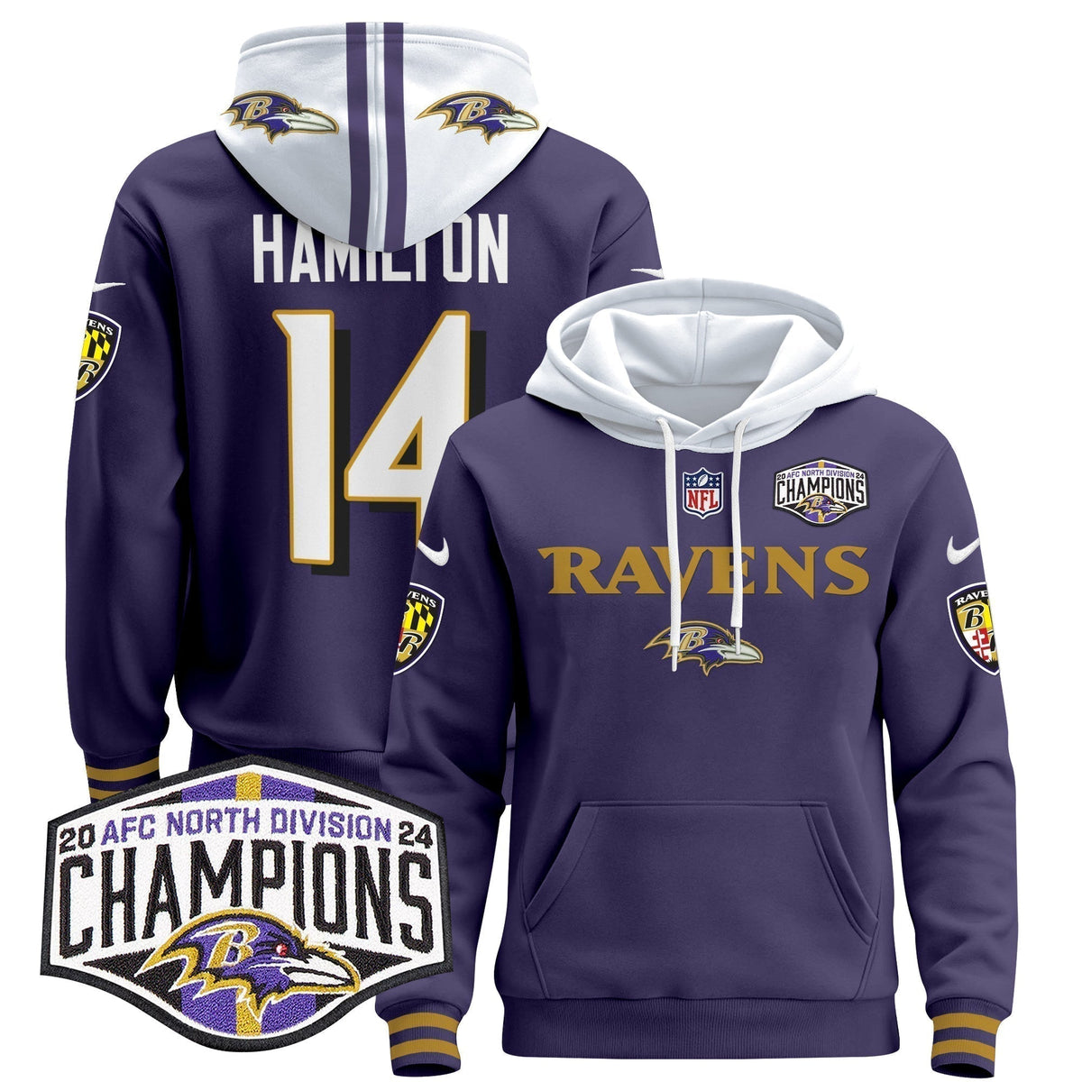 BAL 2024 AFC North Division Champions Patch Pullover Hoodie - Stitched