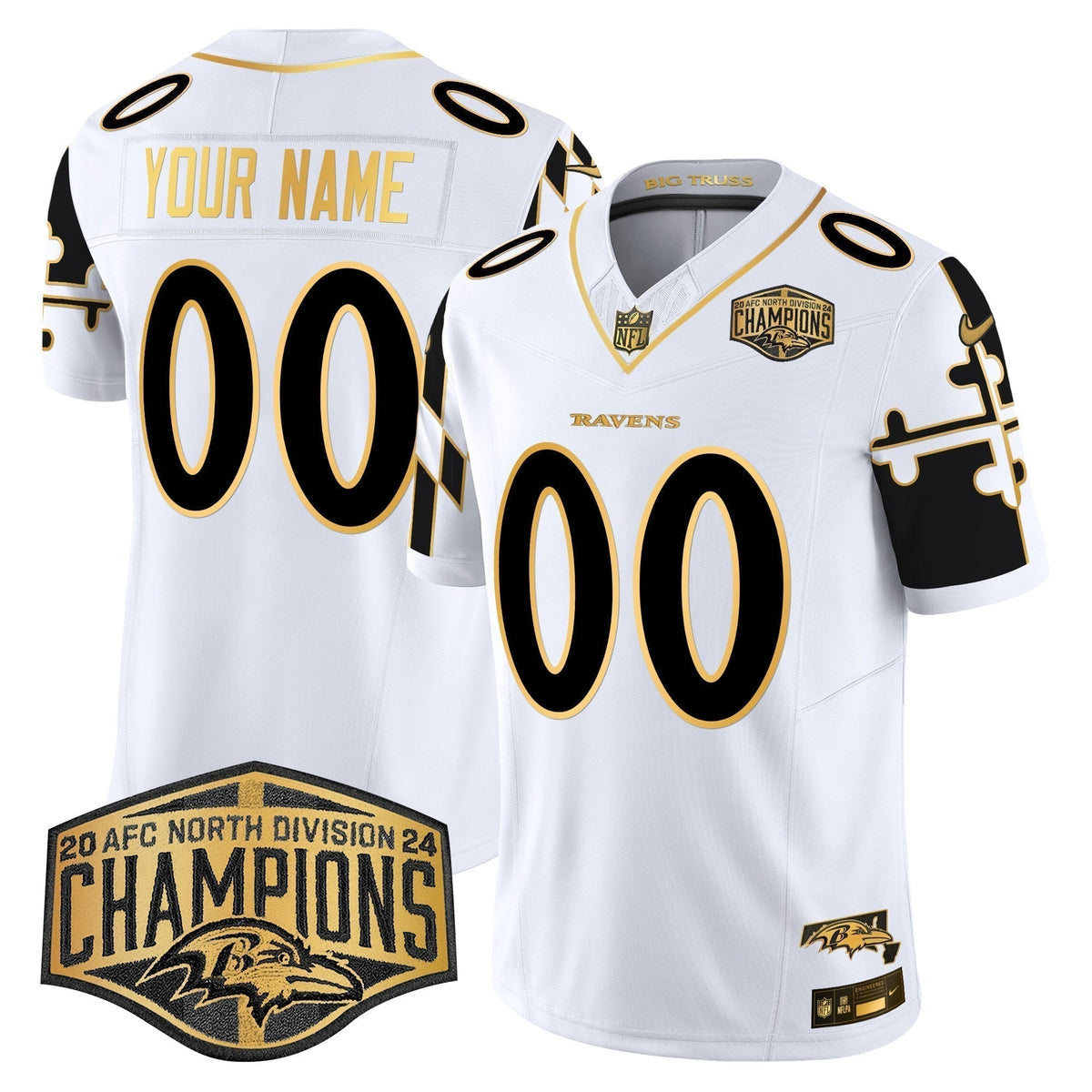 Ravens Maryland Flag Map 2024 AFC North Division Champions Patch Gold Vapor Limited Custom Jersey - Stitched