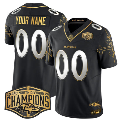 Ravens Maryland Flag Map 2024 AFC North Division Champions Patch Gold Vapor Limited Custom Jersey - Stitched