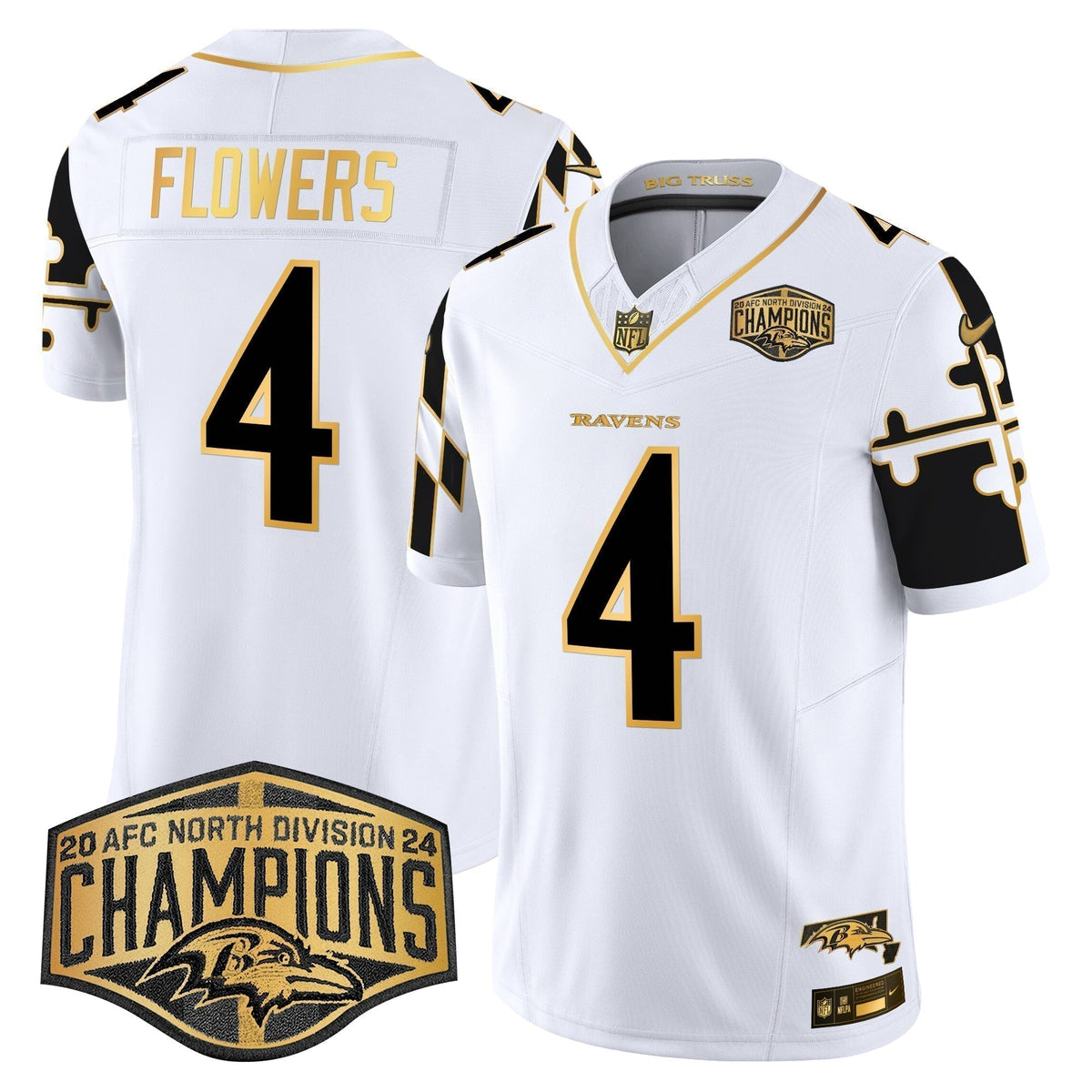 Ravens Maryland Flag Map 2024 AFC North Division Champions Patch Gold Vapor Limited Jersey - Stitched