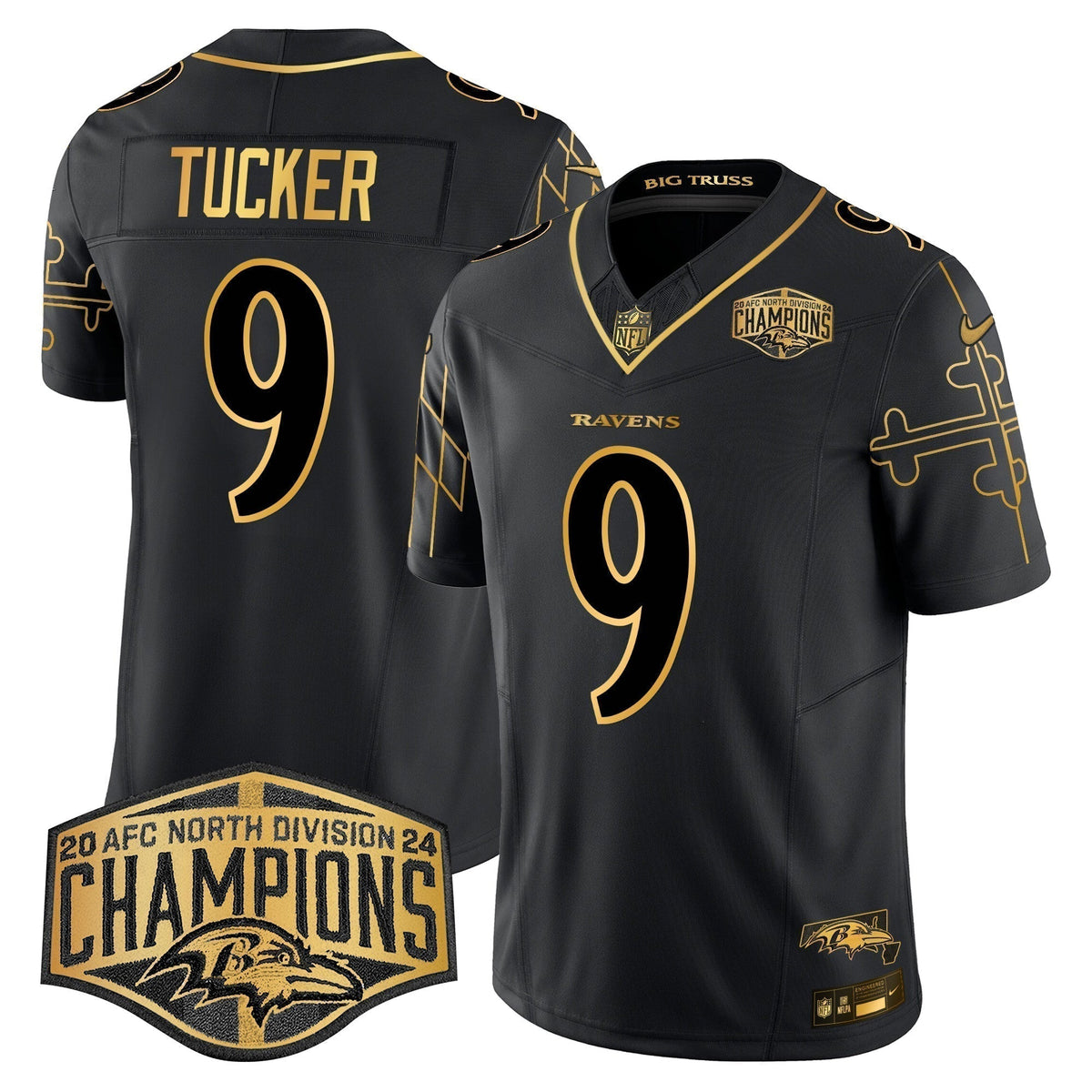 Ravens Maryland Flag Map 2024 AFC North Division Champions Patch Gold Vapor Limited Jersey - Stitched