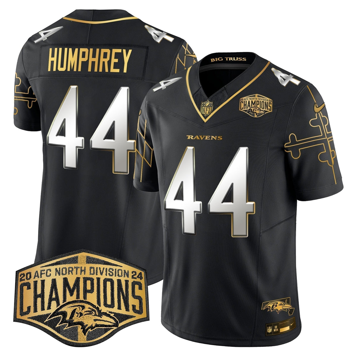 Ravens Maryland Flag Map 2024 AFC North Division Champions Patch Gold Vapor Limited Jersey - Stitched