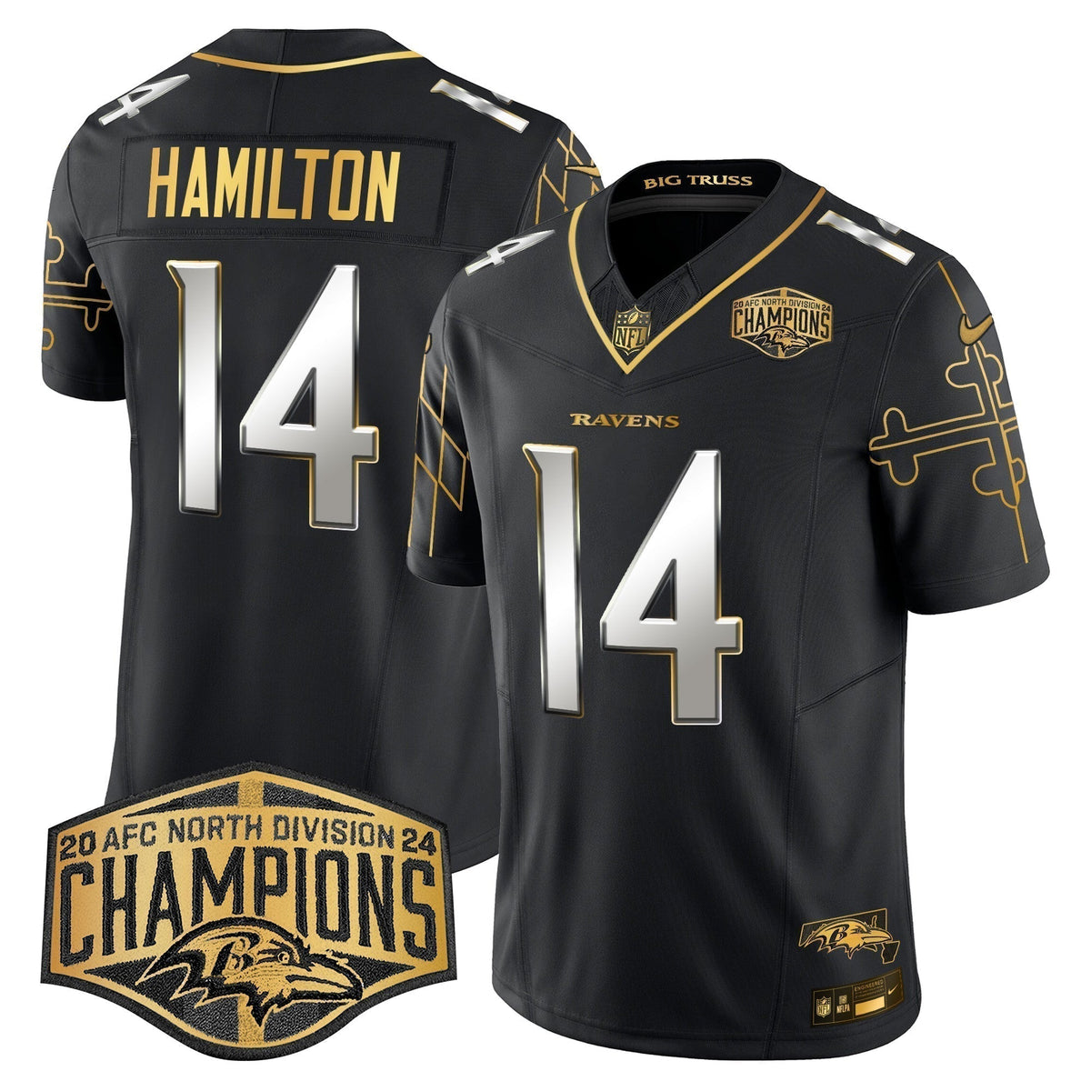 Ravens Maryland Flag Map 2024 AFC North Division Champions Patch Gold Vapor Limited Jersey - Stitched