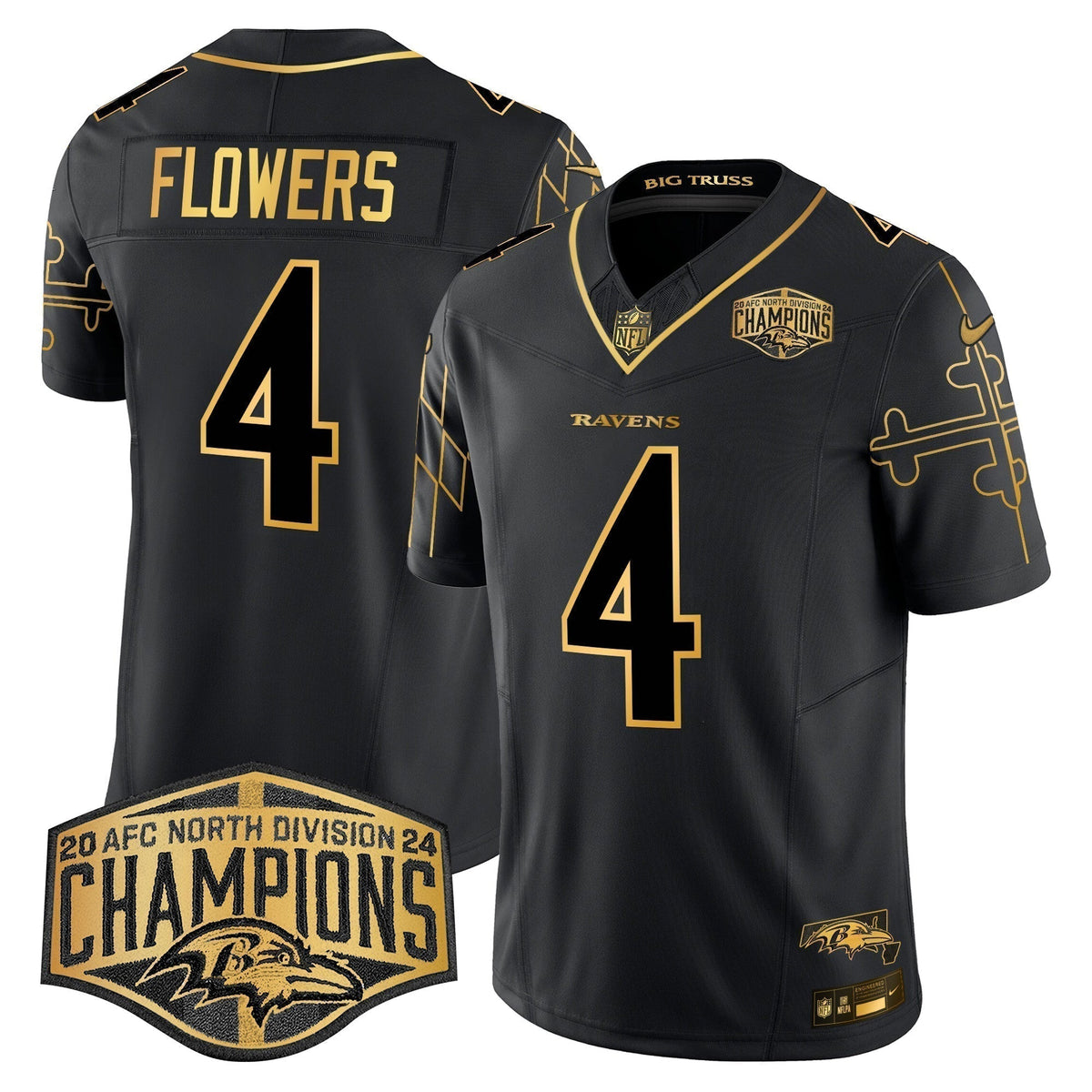 Ravens Maryland Flag Map 2024 AFC North Division Champions Patch Gold Vapor Limited Jersey - Stitched