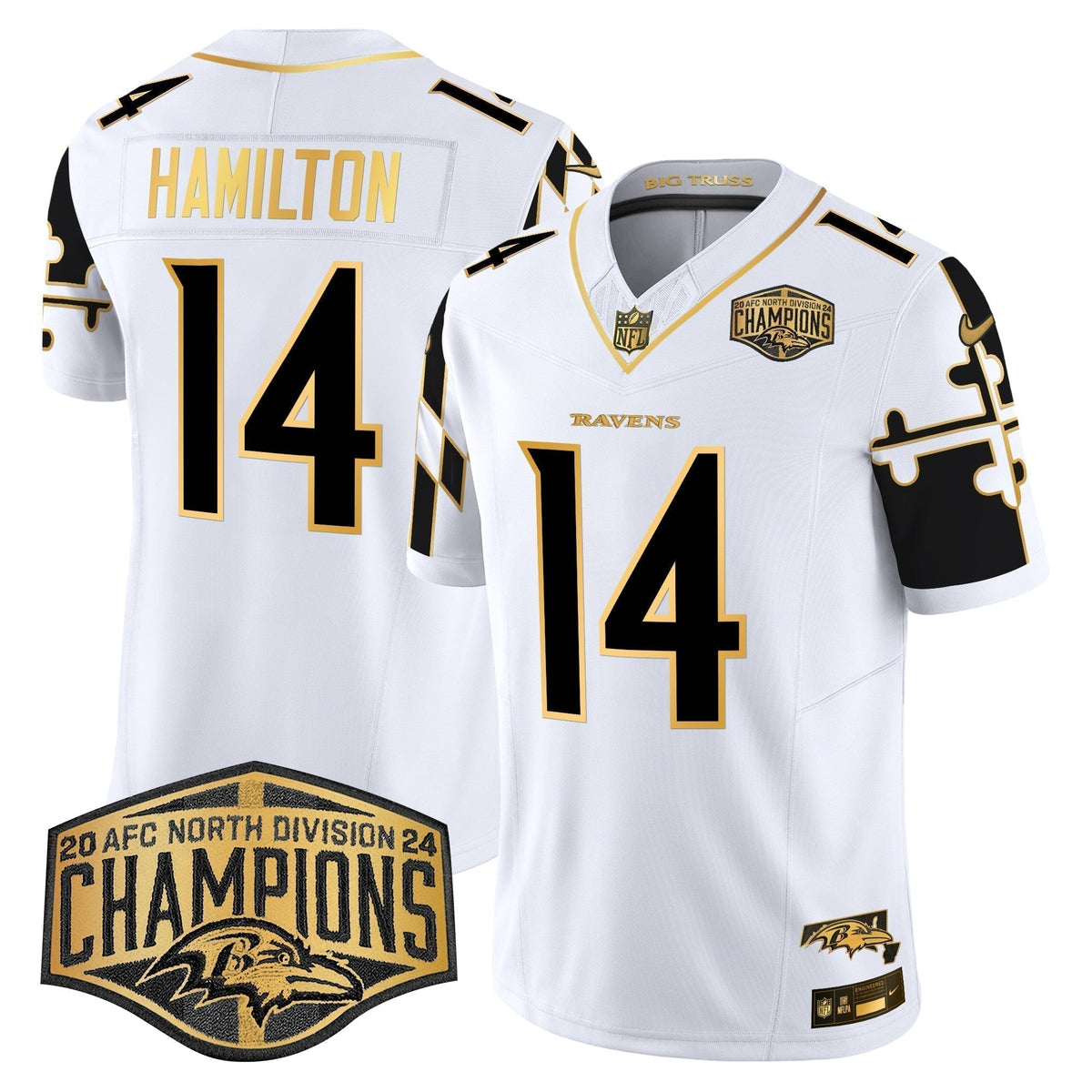 Ravens Maryland Flag Map 2024 AFC North Division Champions Patch Gold Vapor Limited Jersey - Stitched