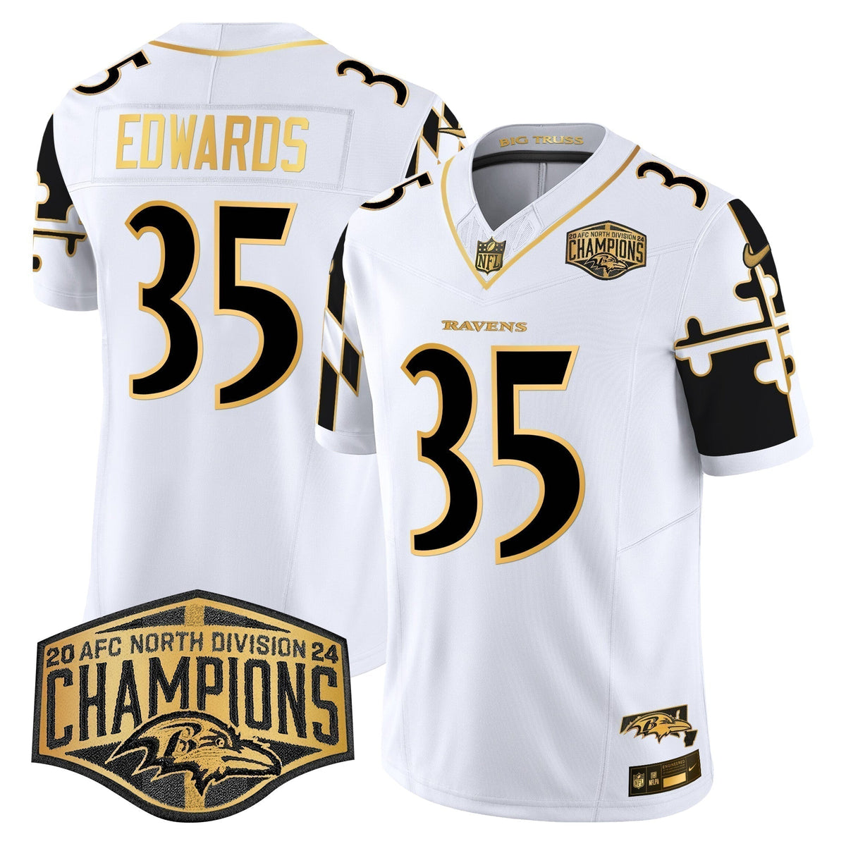 Ravens Maryland Flag Map 2024 AFC North Division Champions Patch Gold Vapor Limited Jersey - Stitched