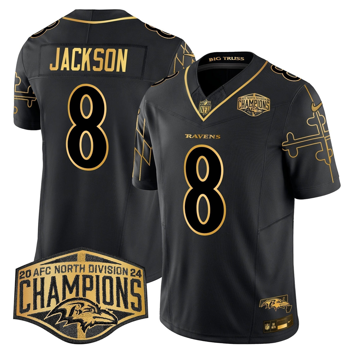Ravens Maryland Flag Map 2024 AFC North Division Champions Patch Gold Vapor Limited Jersey - Stitched
