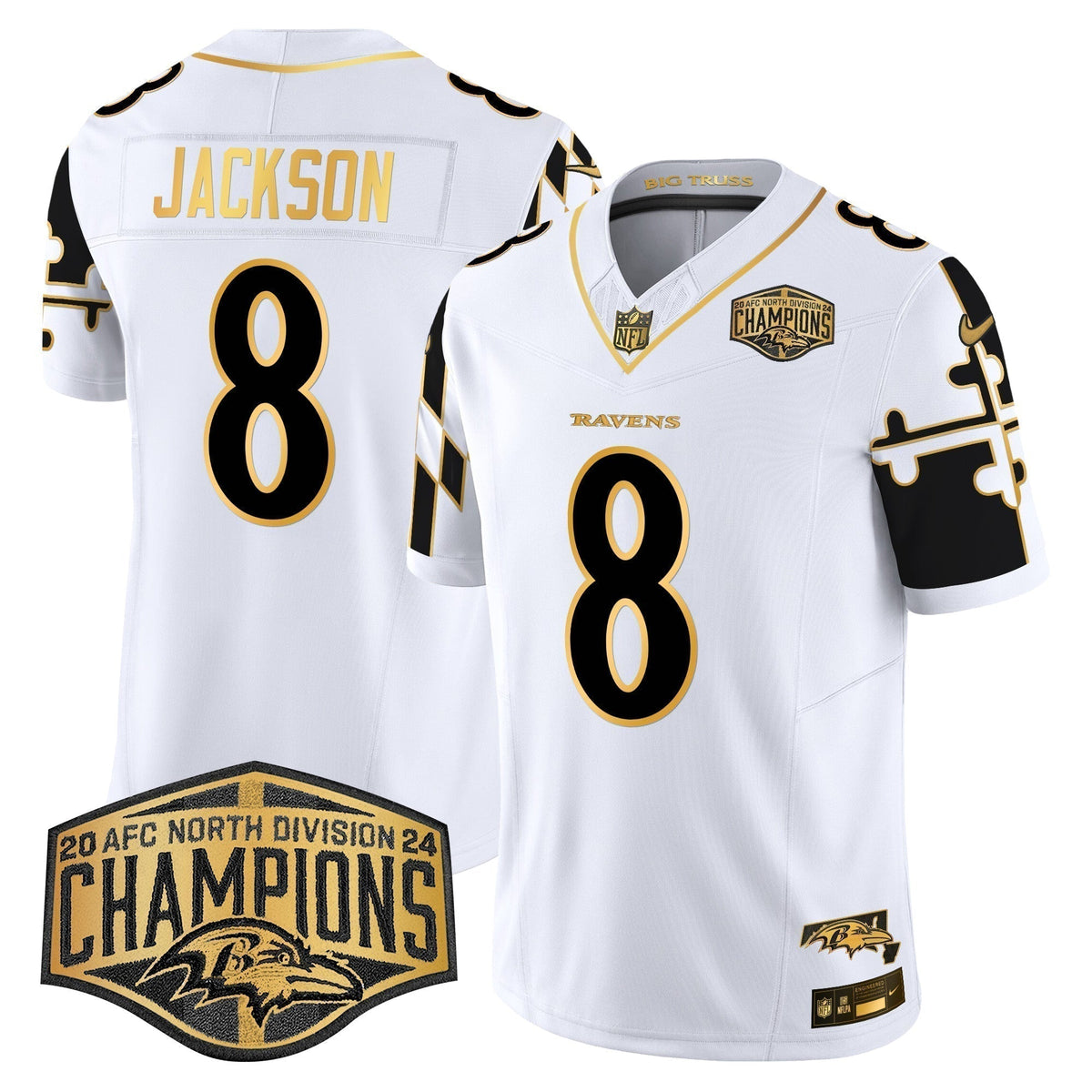 Ravens Maryland Flag Map 2024 AFC North Division Champions Patch Gold Vapor Limited Jersey - Stitched
