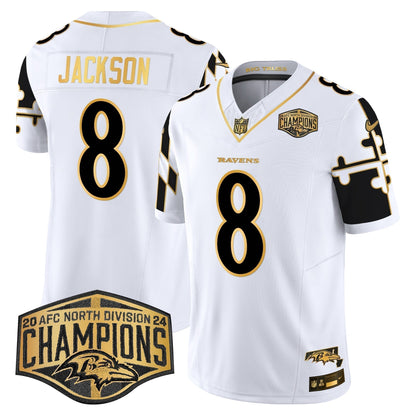 Ravens Maryland Flag Map 2024 AFC North Division Champions Patch Gold Vapor Limited Jersey - Stitched