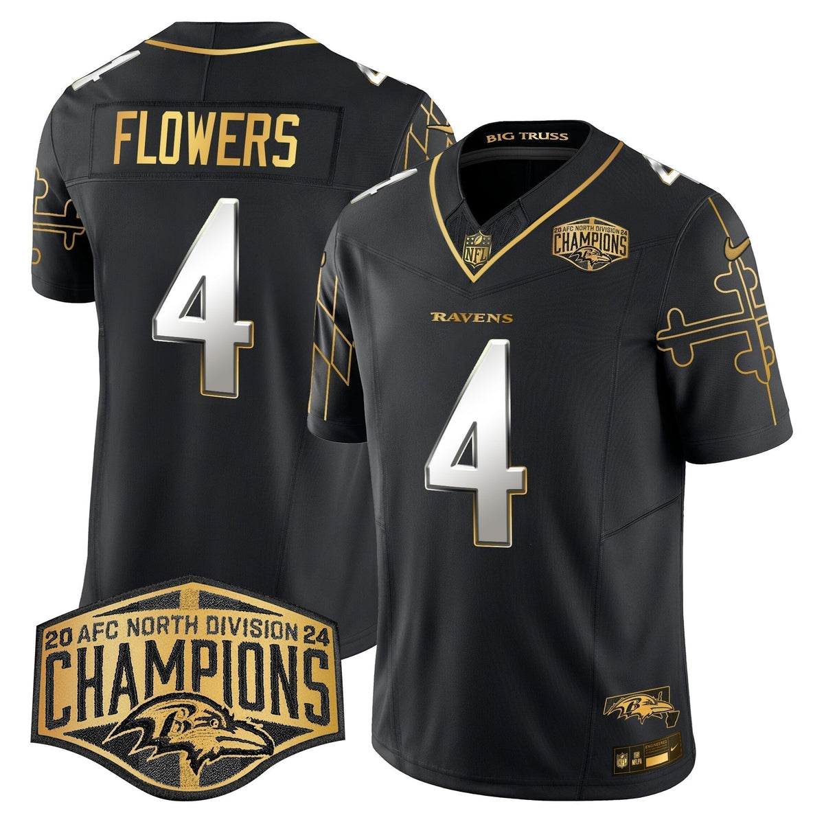 Ravens Maryland Flag Map 2024 AFC North Division Champions Patch Gold Vapor Limited Jersey - Stitched
