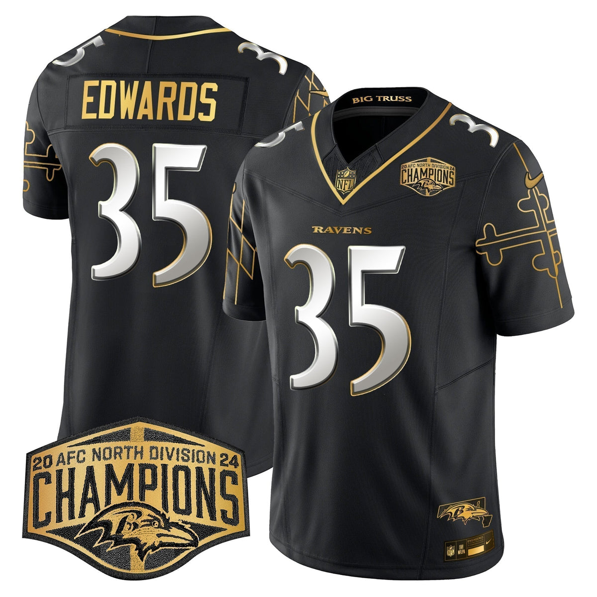 Ravens Maryland Flag Map 2024 AFC North Division Champions Patch Gold Vapor Limited Jersey - Stitched
