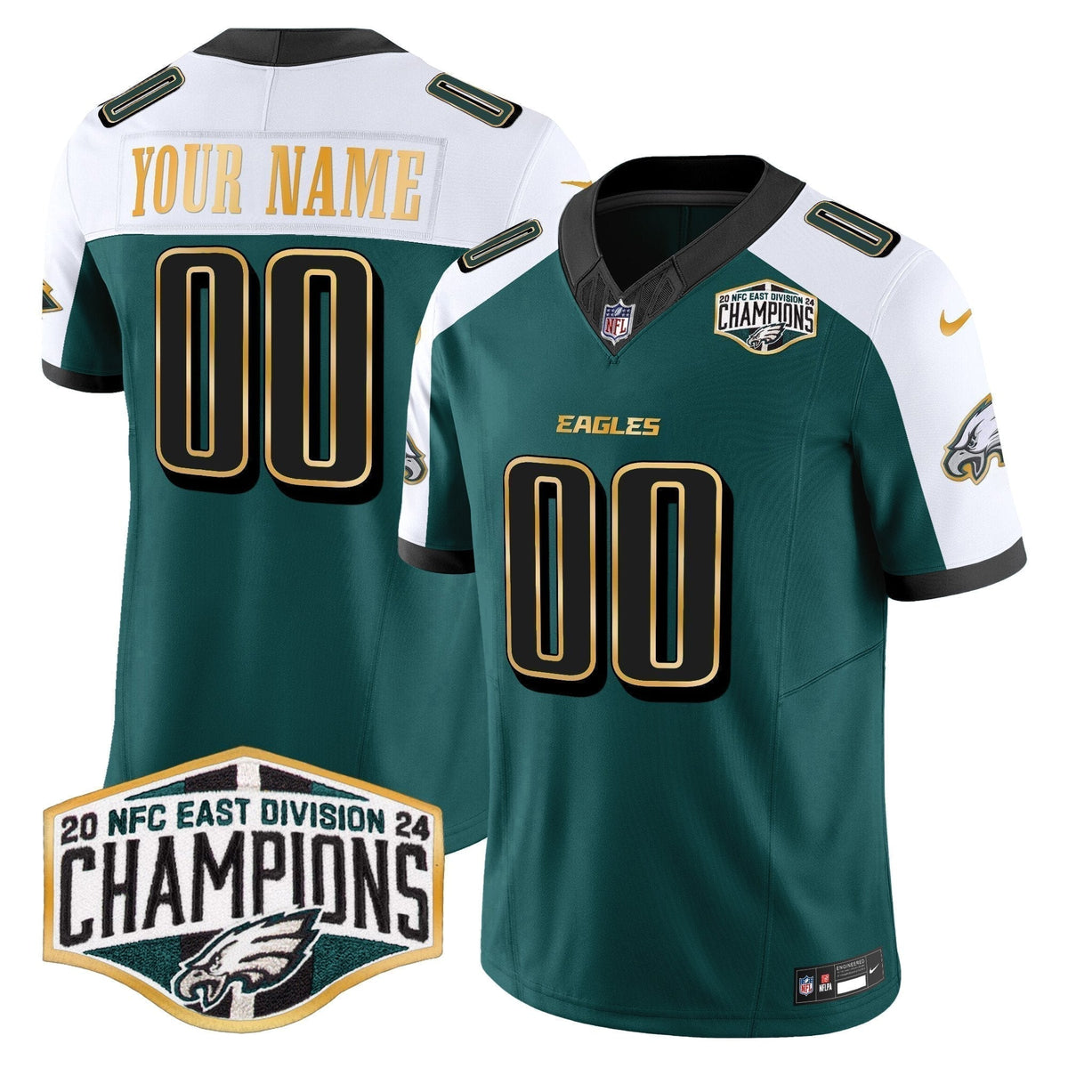 Eagles 2024 NFC East Division Champions Gold Trim Vapor Limited Custom Jersey - Stitched