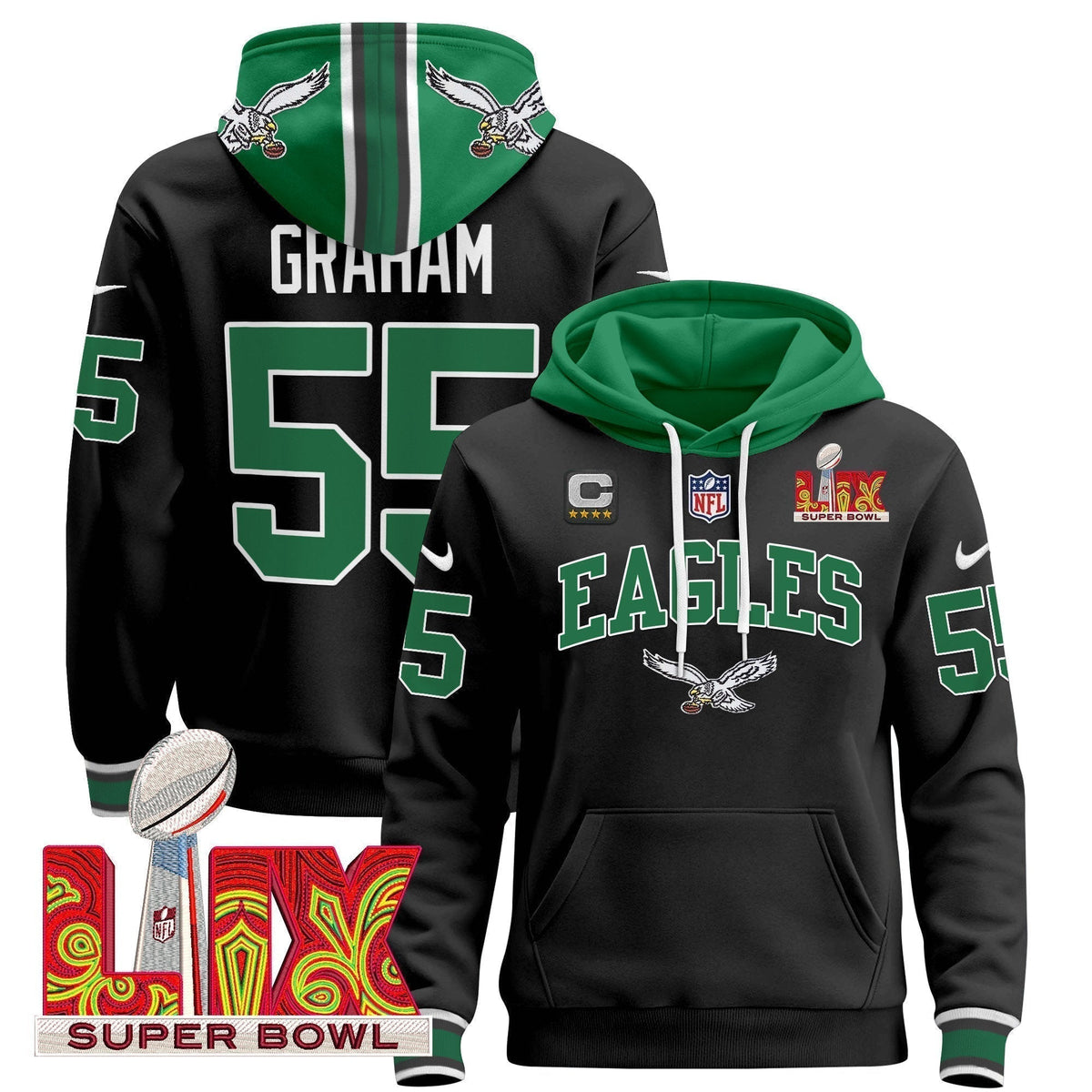 PHI Super Bowl LIX Patch Pullover Hoodie - Stitched