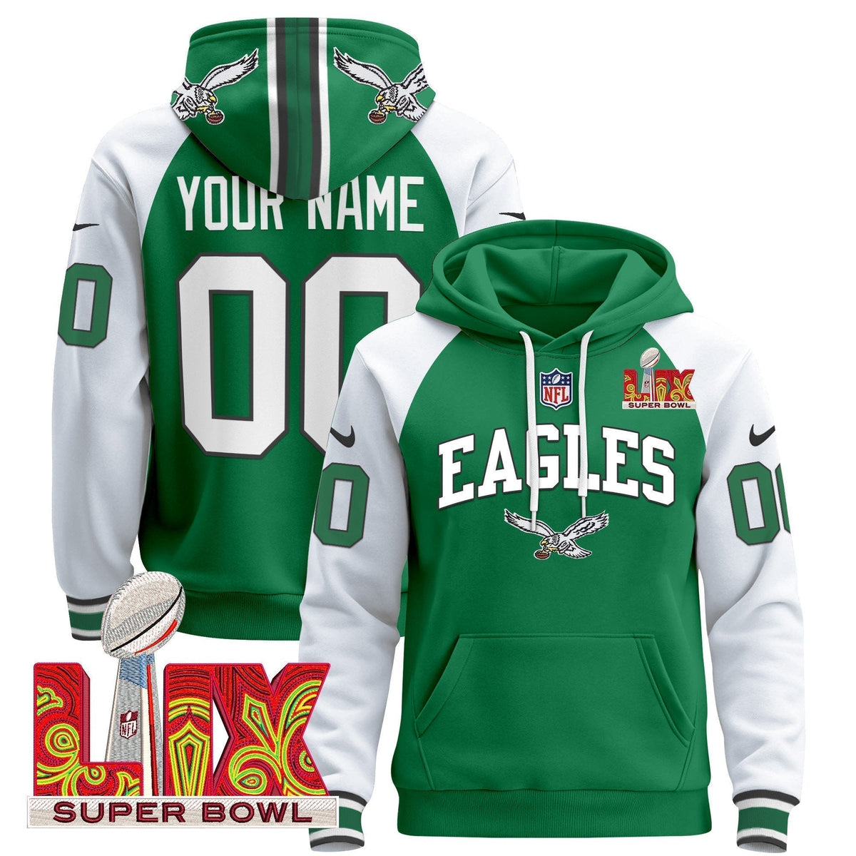 PHI Super Bowl LIX Patch Custom Pullover Hoodie - Stitched