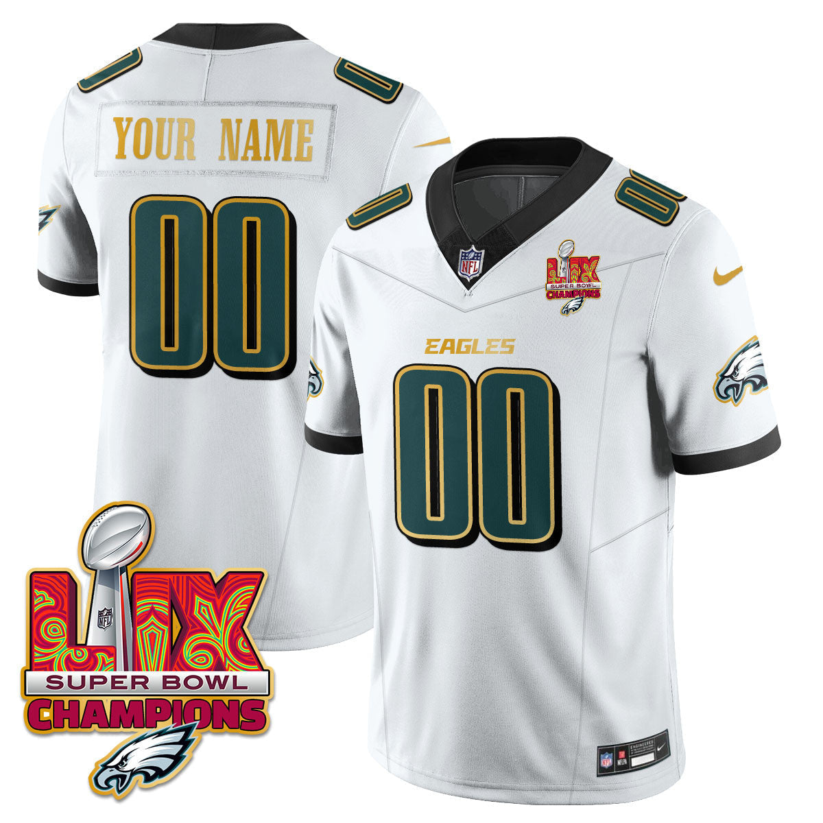 Custom Name/Gender PHI Super Bowl LIX Champions Gold Trim Vapor Limited Jersey - Stitched