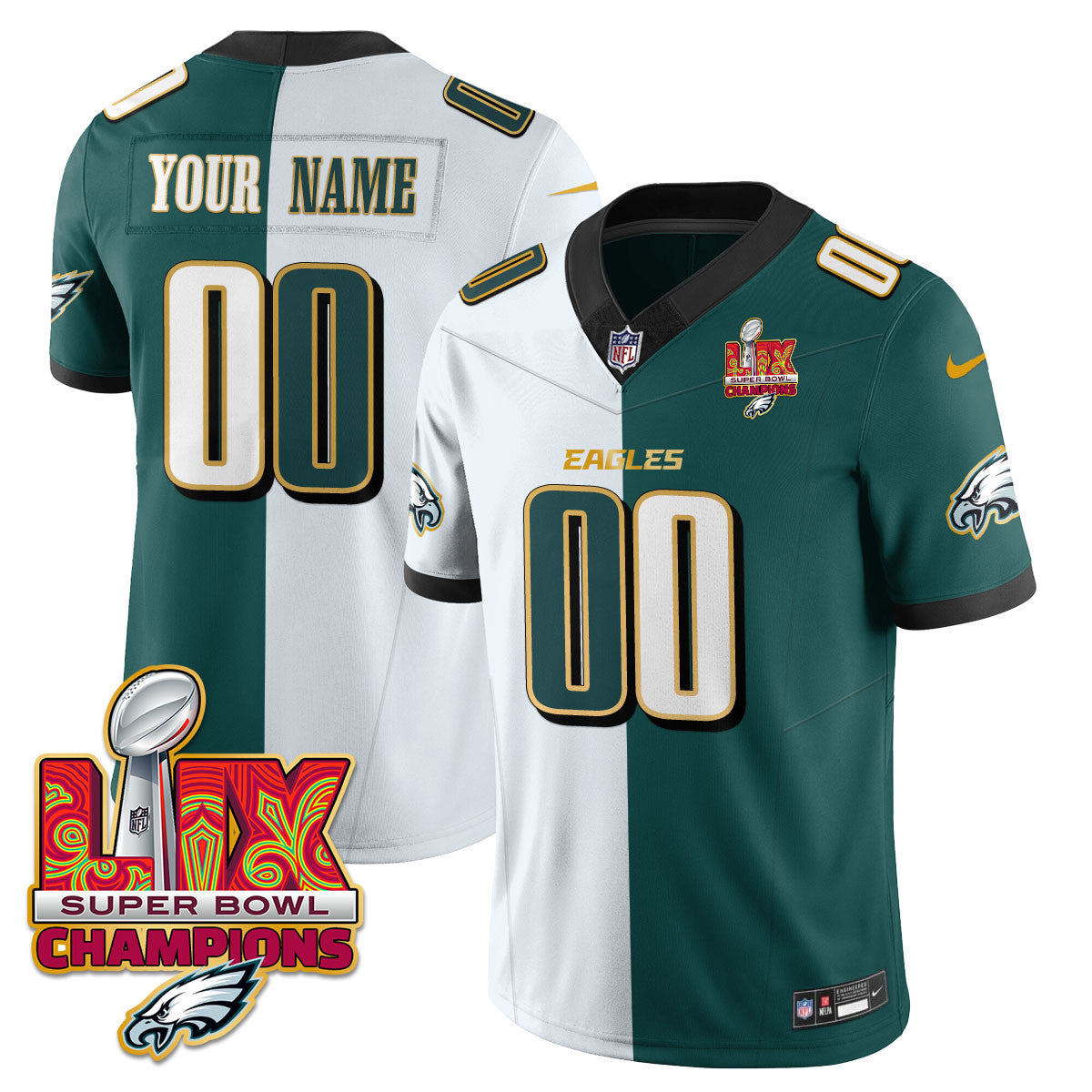 Custom Name/Gender PHI Super Bowl LIX Champions Gold Trim Vapor Limited Jersey - Stitched