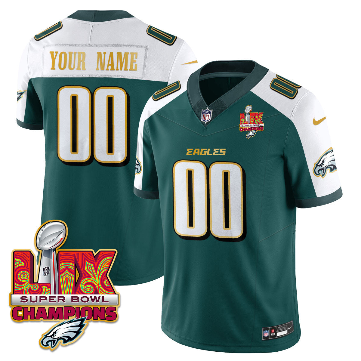 Custom Name/Gender PHI Super Bowl LIX Champions Gold Trim Vapor Limited Jersey - Stitched