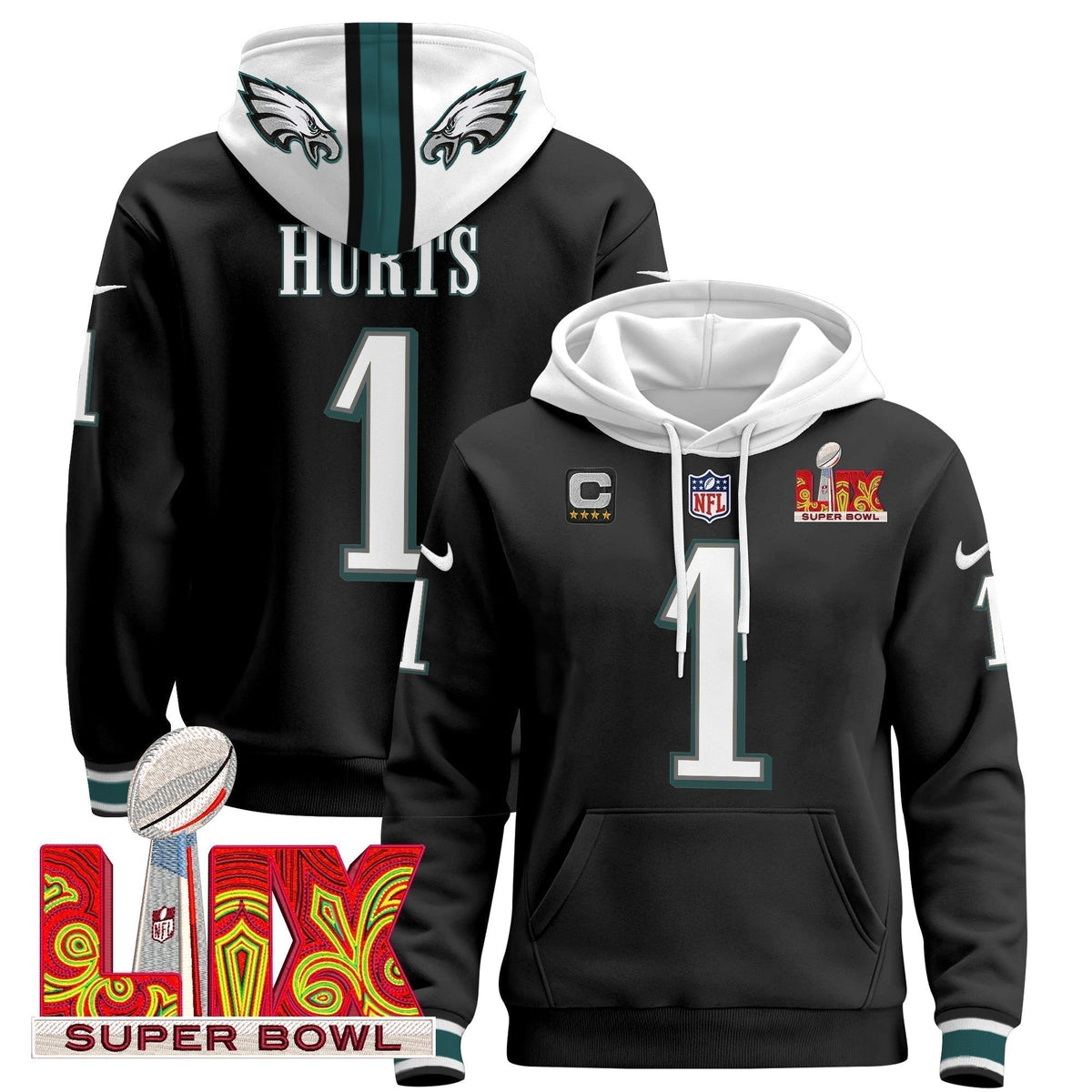 PHI Super Bowl LIX Patch Pullover Hoodie - Stitched