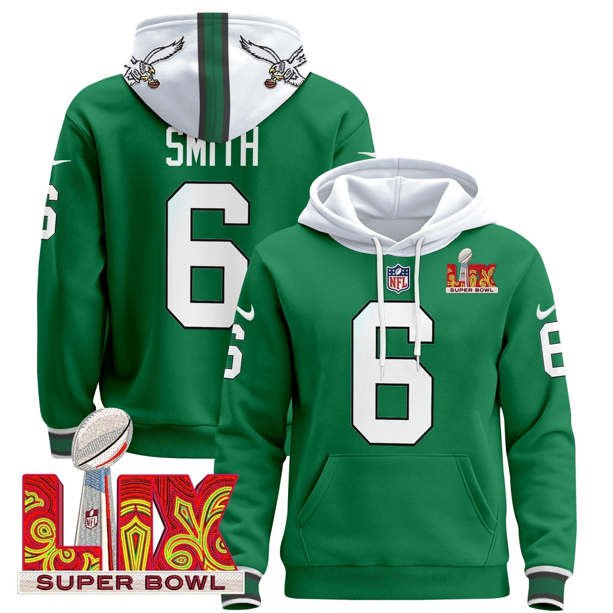 PHI Super Bowl LIX Patch Pullover Hoodie - Stitched