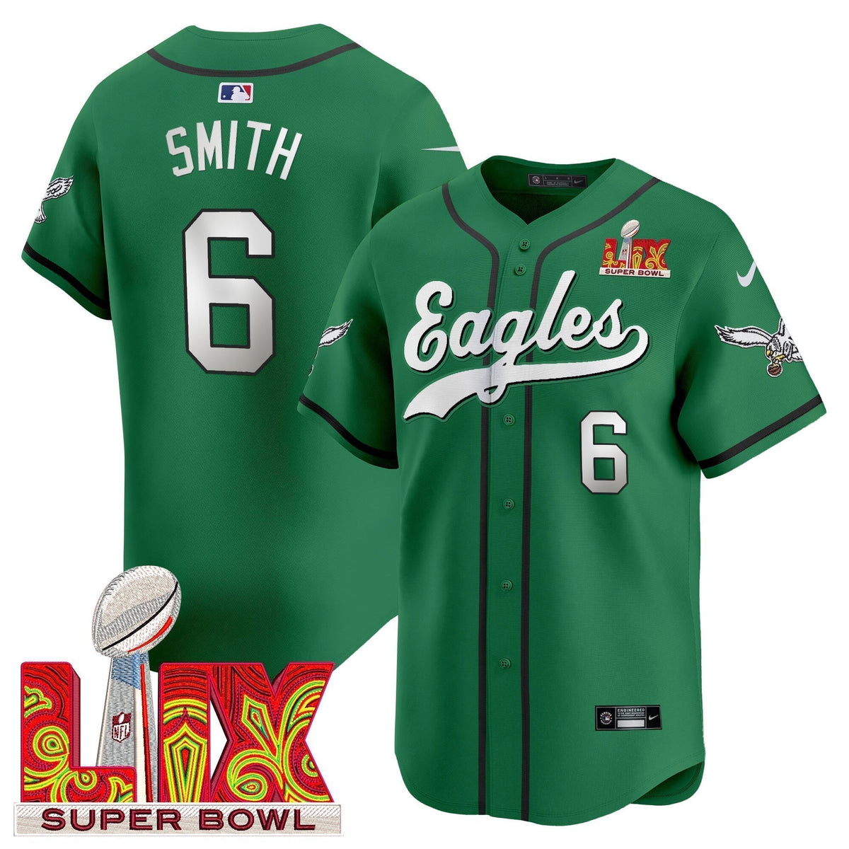 PHI Midnight Green Super Bowl LIX Vapor Baseball Jersey - Stitched