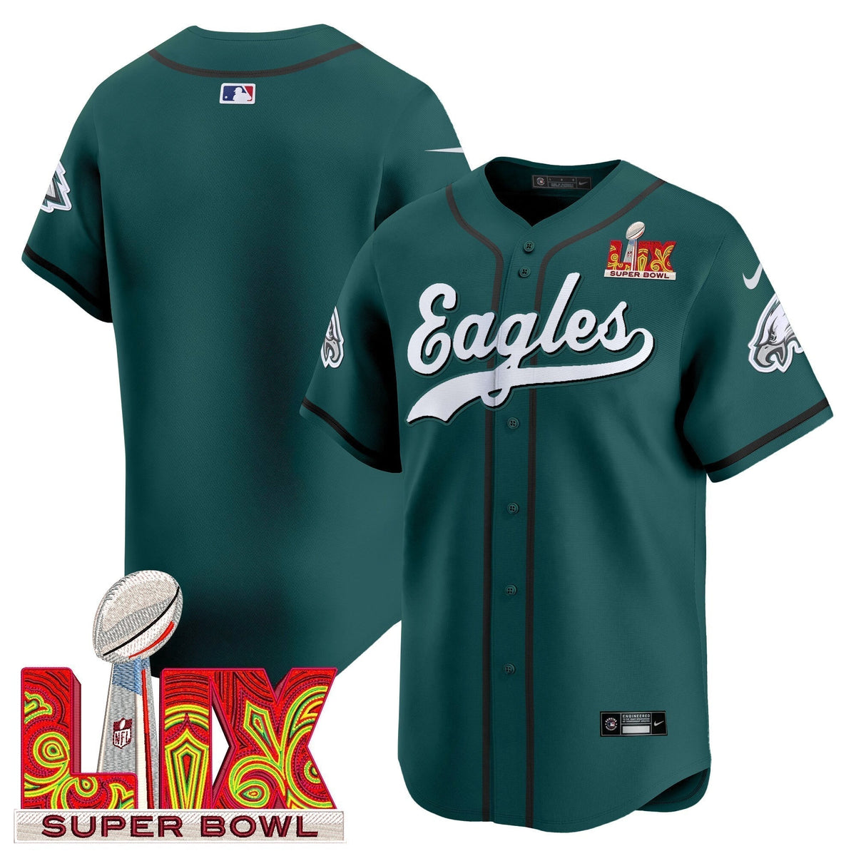 PHI Midnight Green Super Bowl LIX Vapor Baseball Jersey - Stitched