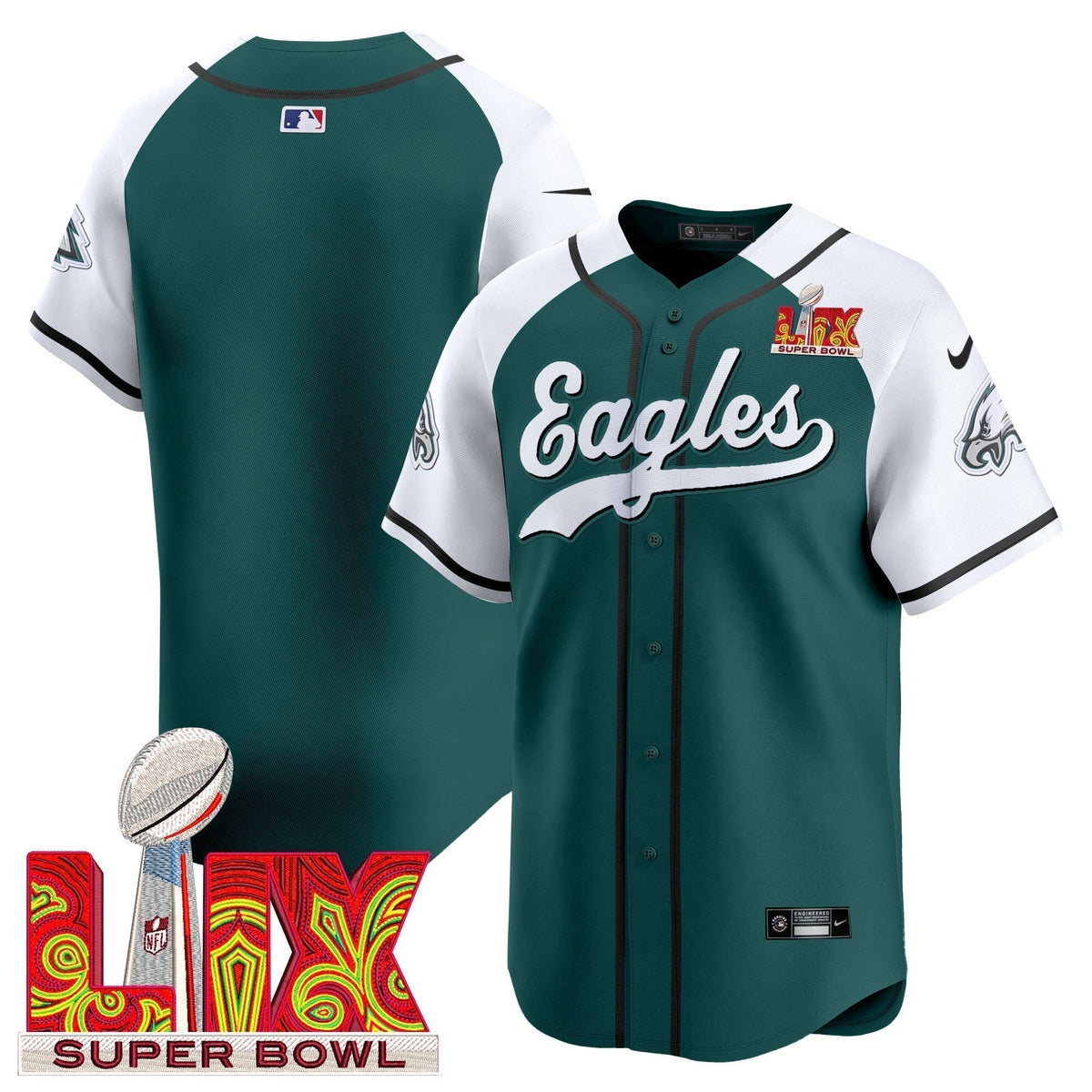 PHI Midnight Green Super Bowl LIX Vapor Baseball Jersey - Stitched
