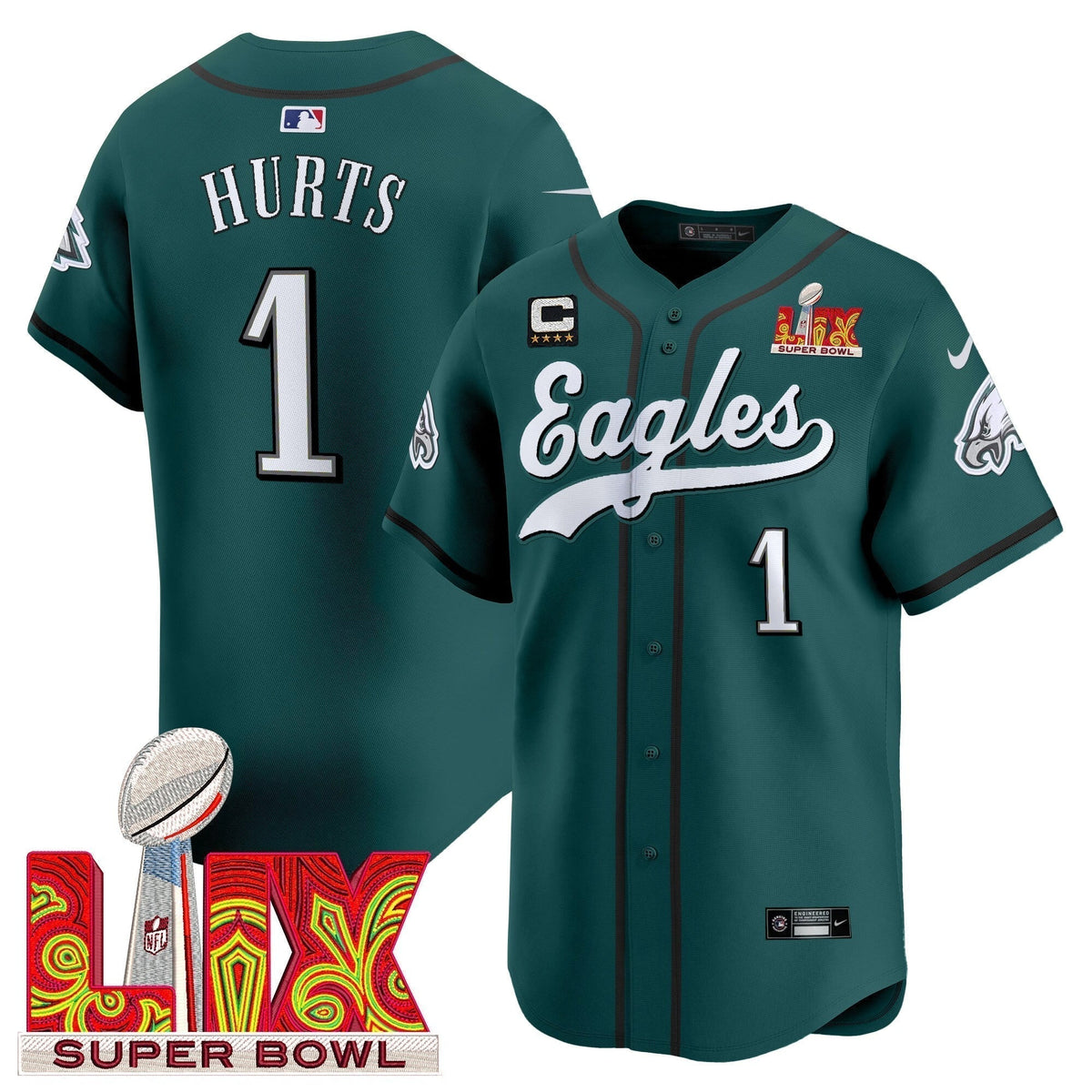 PHI Midnight Green Super Bowl LIX Vapor Baseball Jersey - Stitched