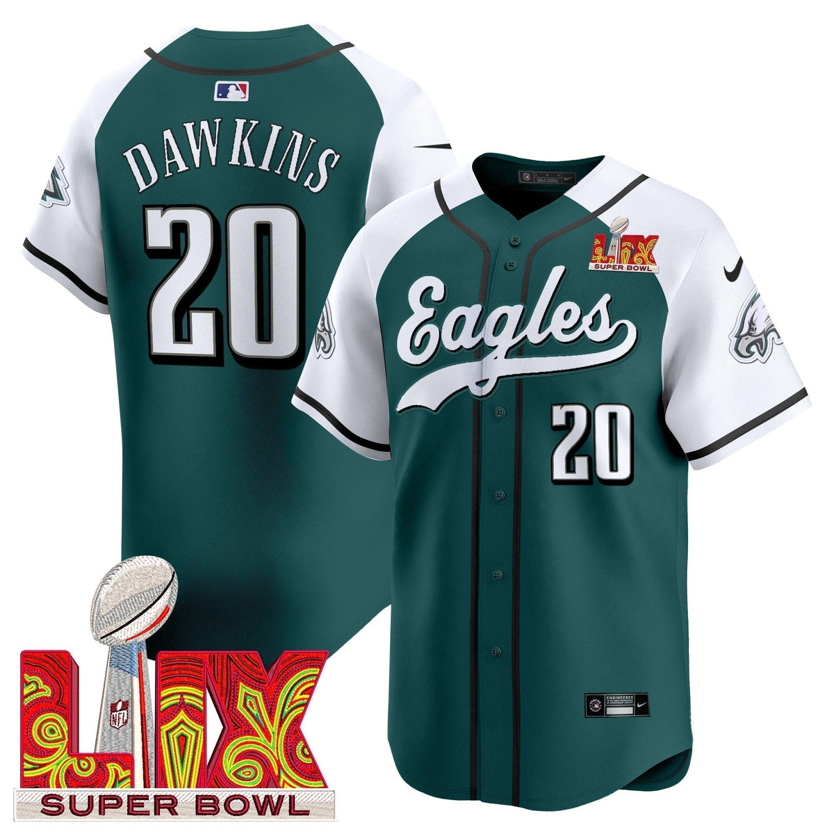 PHI Midnight Green Super Bowl LIX Vapor Baseball Jersey - Stitched