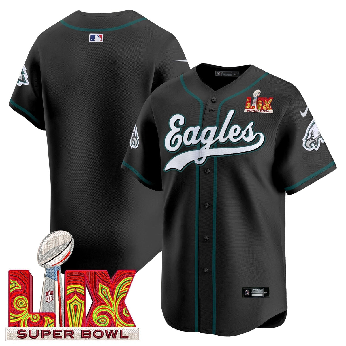 PHI Midnight Green Super Bowl LIX Vapor Baseball Jersey - Stitched