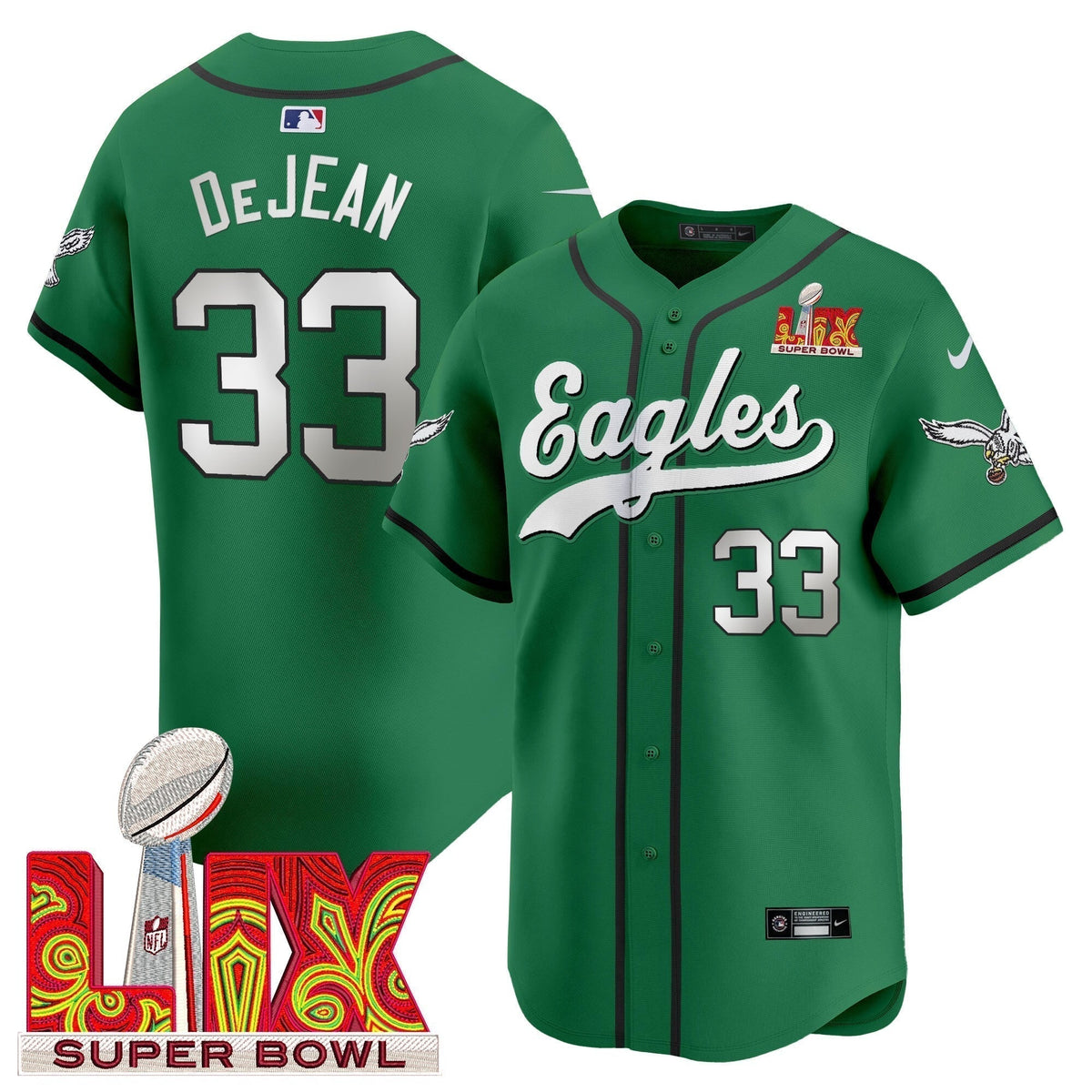 PHI Midnight Green Super Bowl LIX Vapor Baseball Jersey - Stitched