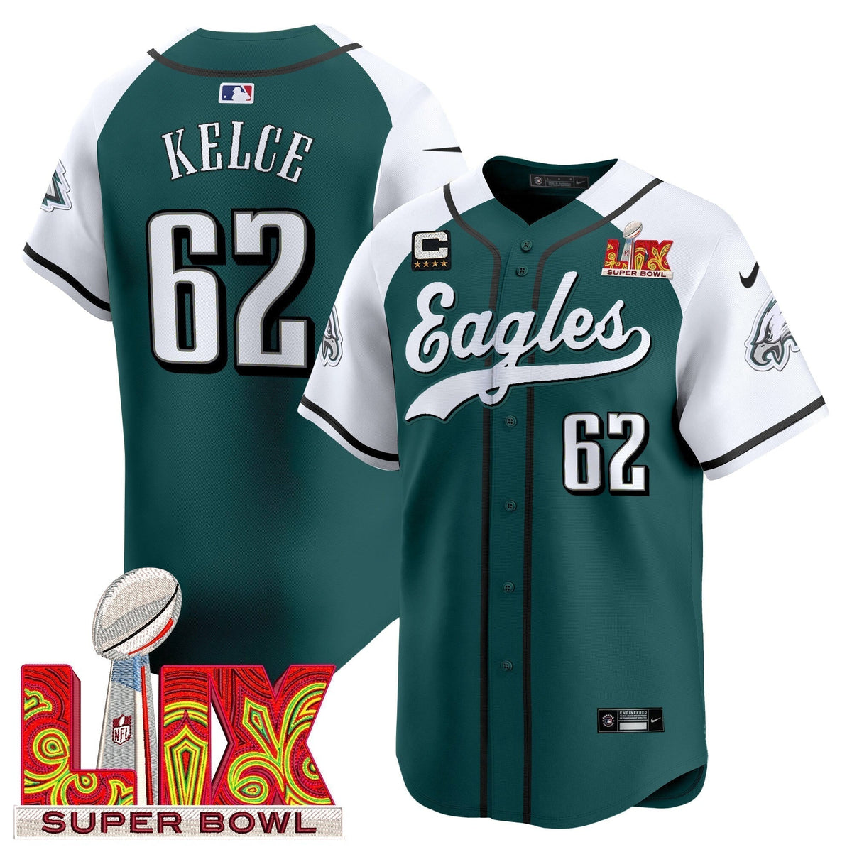 PHI Midnight Green Super Bowl LIX Vapor Baseball Jersey - Stitched