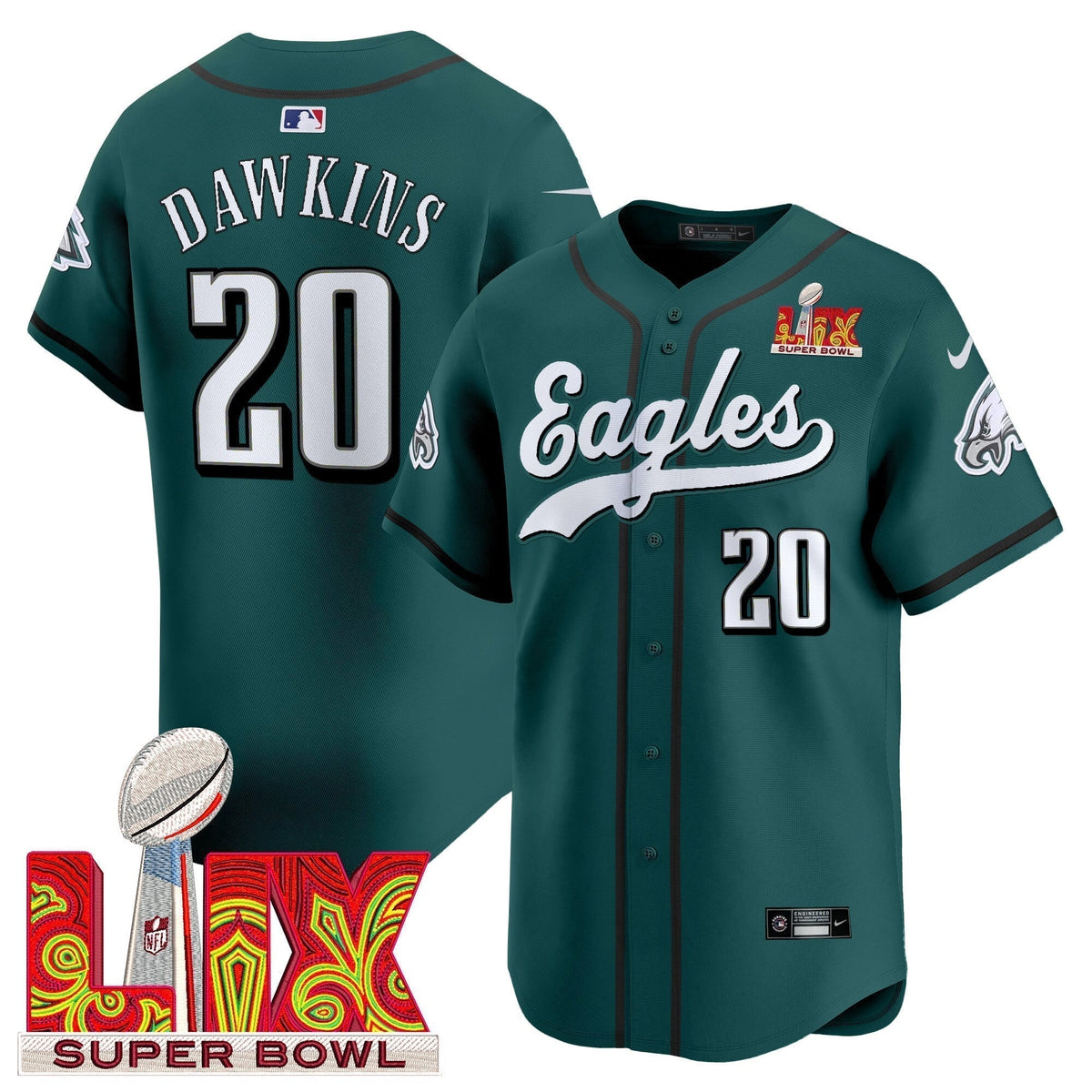 PHI Midnight Green Super Bowl LIX Vapor Baseball Jersey - Stitched