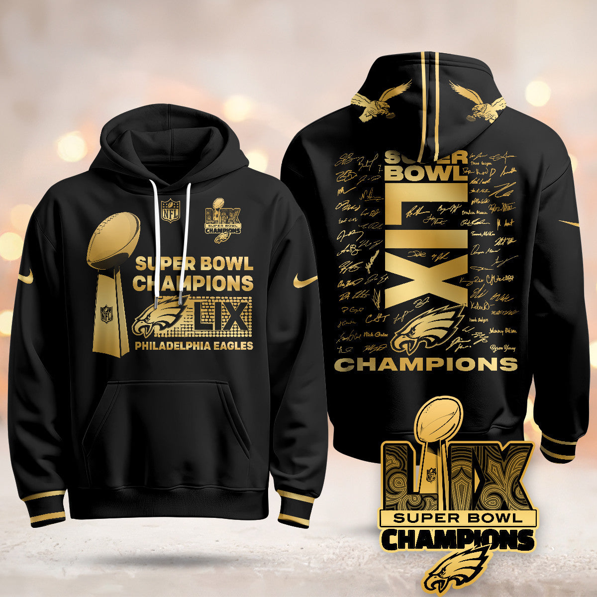 PHI Super Bowl LIX Champions Roster Signing Gold Hoodie - Printed