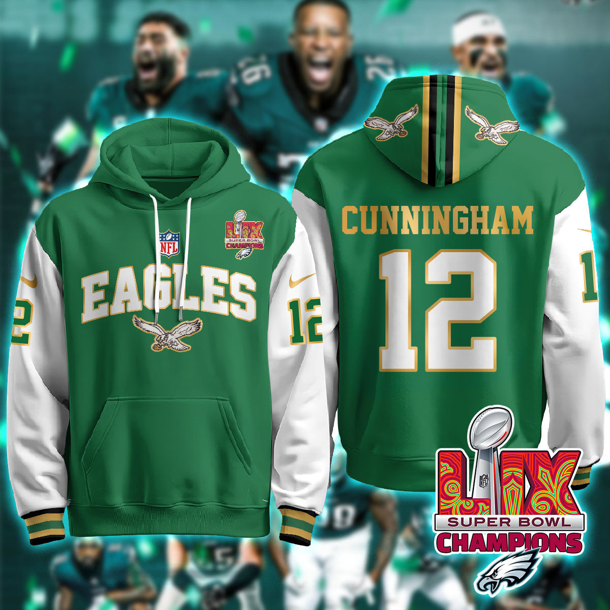 PHI Super Bowl LIX Champions Gold Hoodie N2R - Stitched