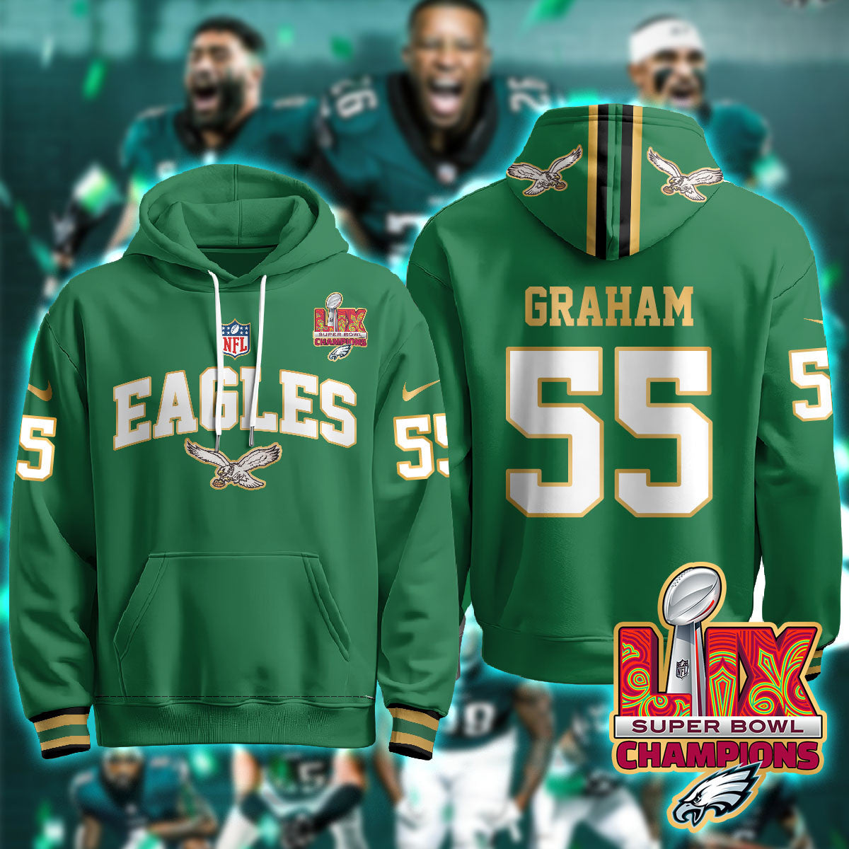 PHI Super Bowl LIX Champions Gold Hoodie N2R - Stitched
