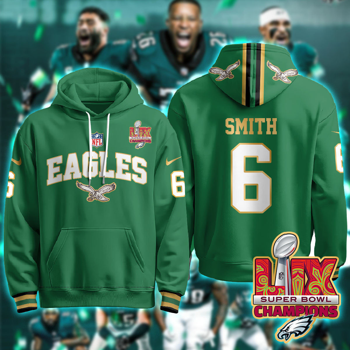 PHI Super Bowl LIX Champions Gold Hoodie N2R - Stitched