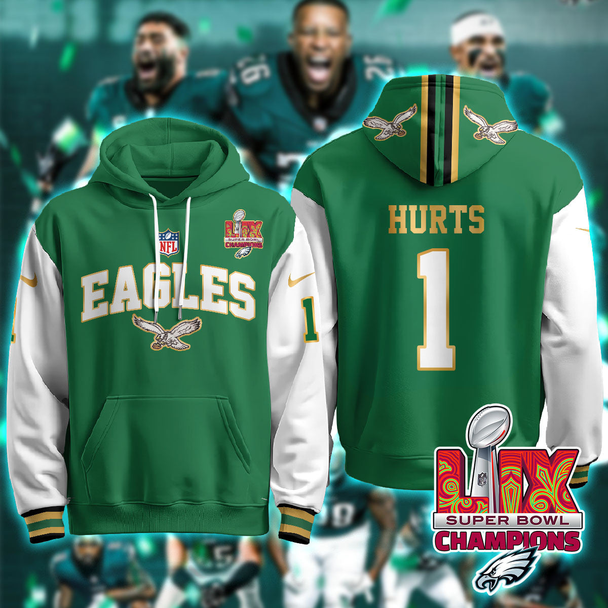 PHI Super Bowl LIX Champions Gold Hoodie N2R - Stitched