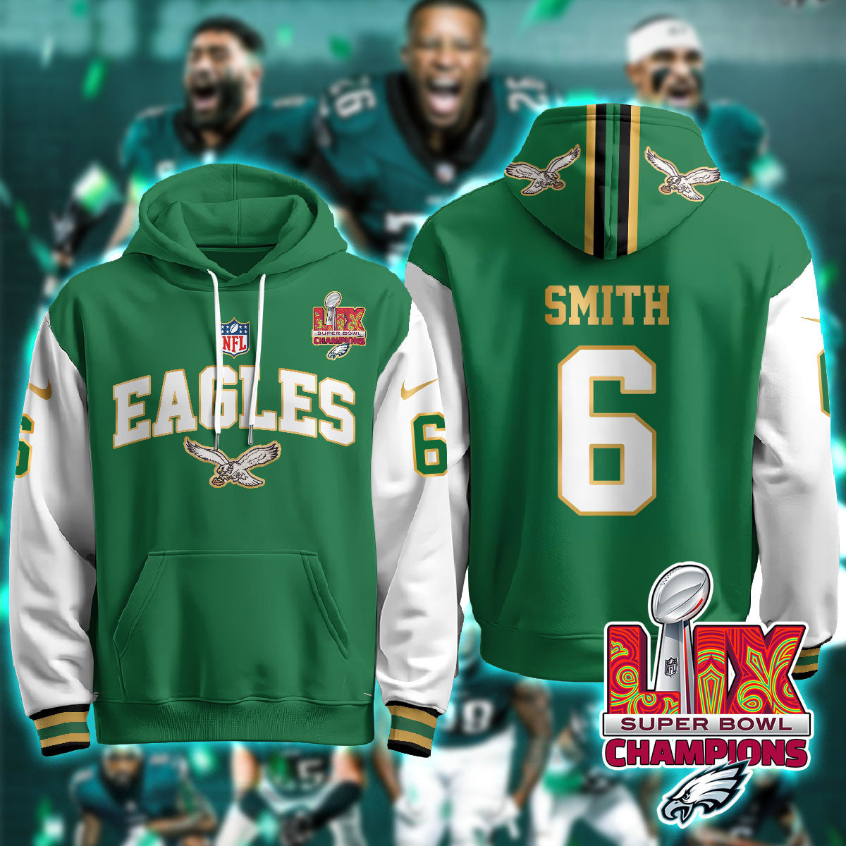 PHI Super Bowl LIX Champions Gold Hoodie N2R - Stitched