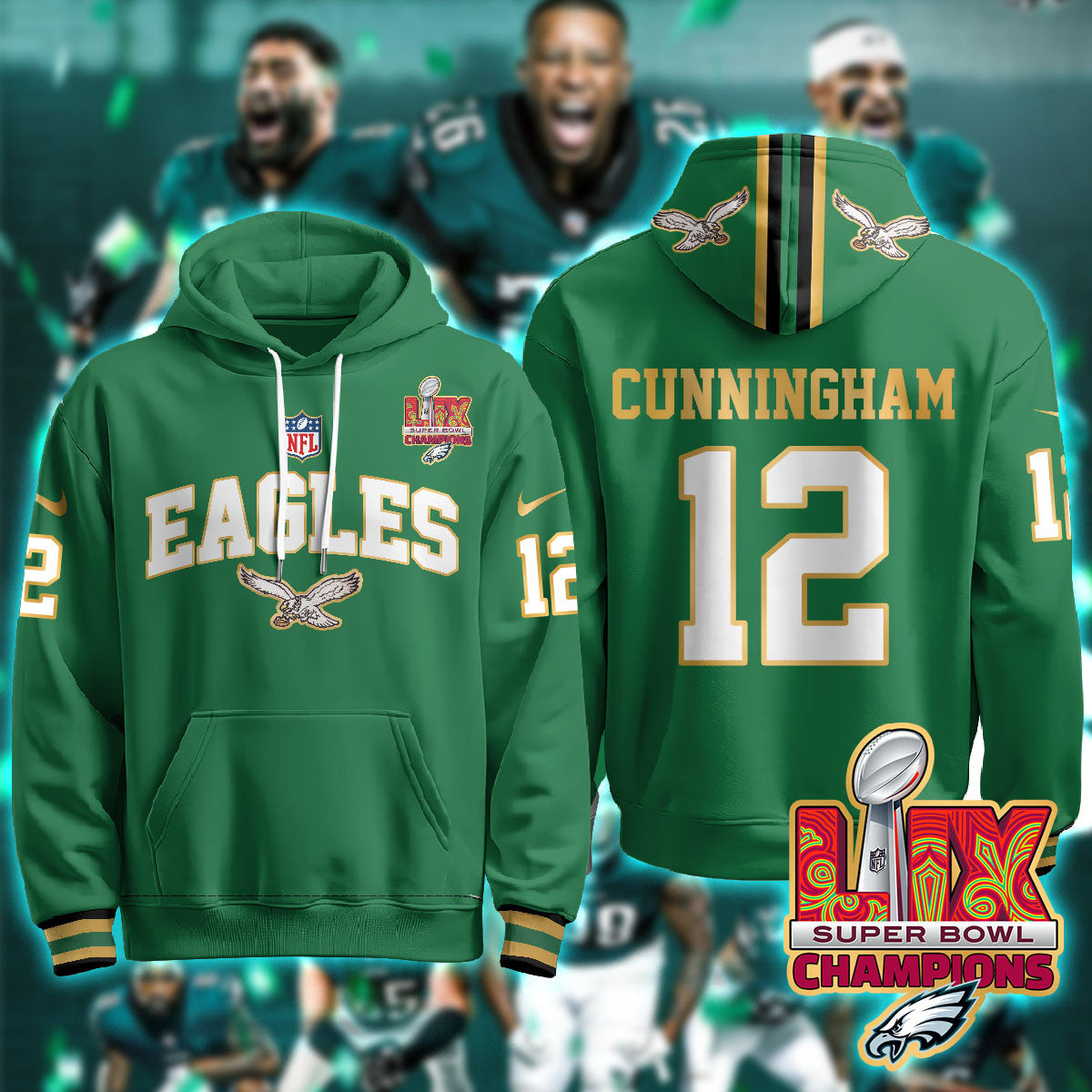 PHI Super Bowl LIX Champions Gold Hoodie N2R - Stitched
