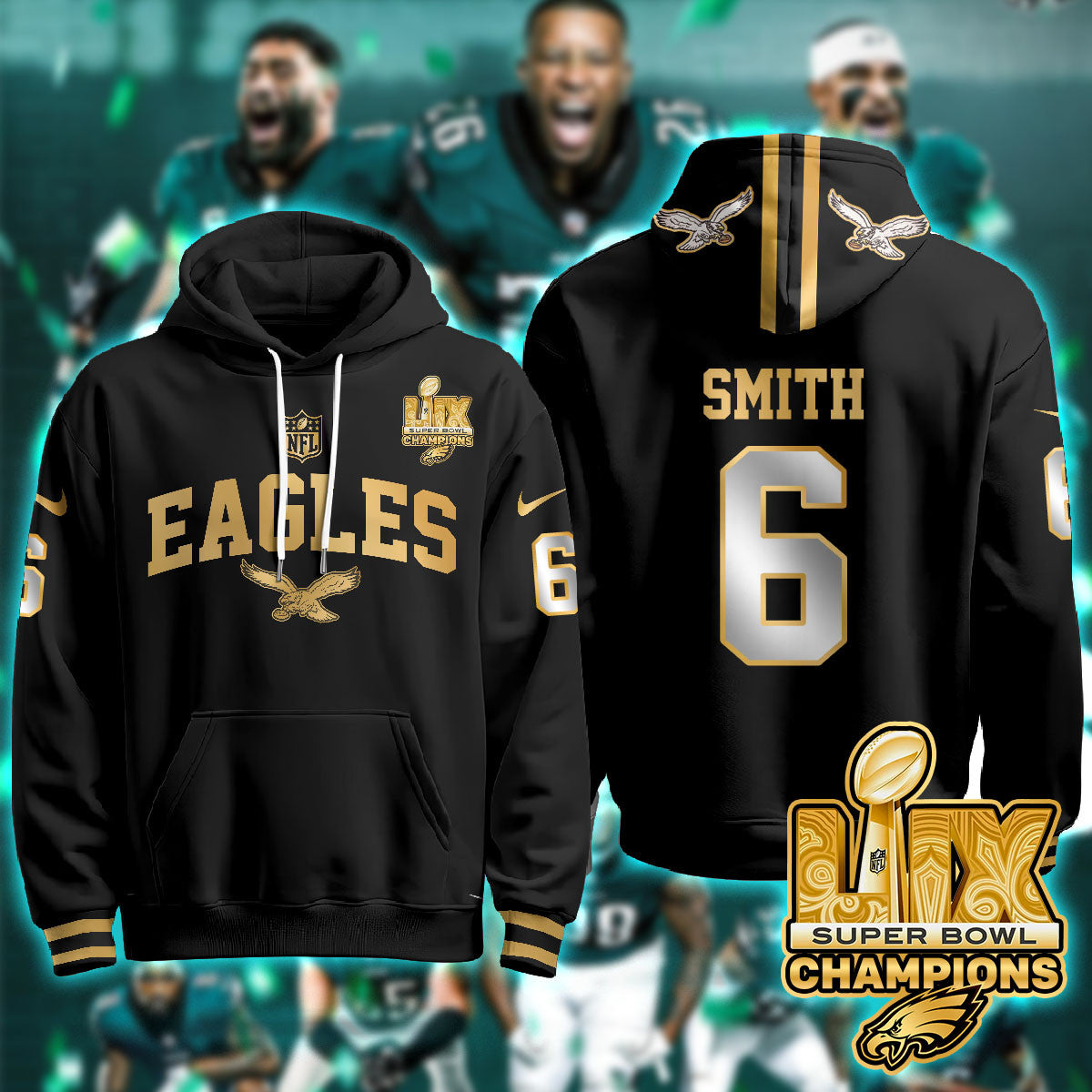 PHI Super Bowl LIX Champions Gold Hoodie N2R - Stitched