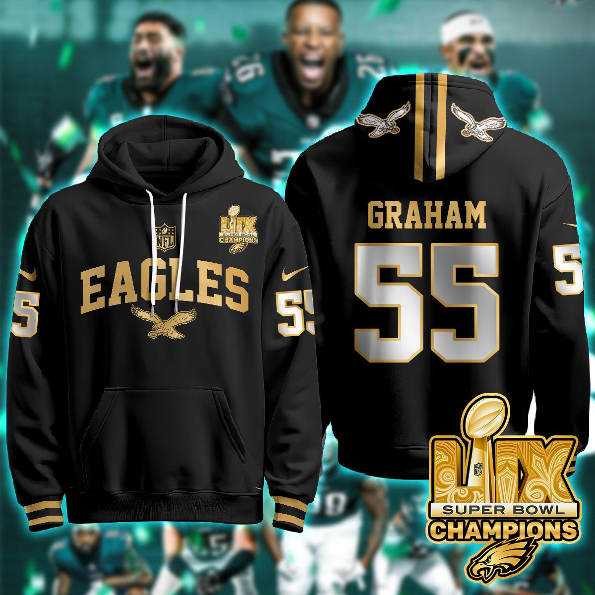 PHI Super Bowl LIX Champions Gold Hoodie N2R - Stitched