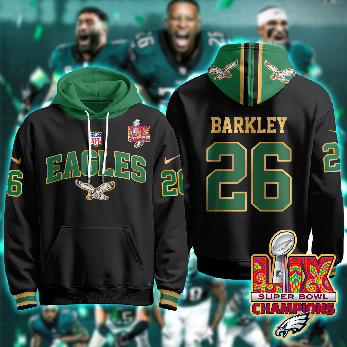 PHI Super Bowl LIX Champions Gold Hoodie N2R - Stitched