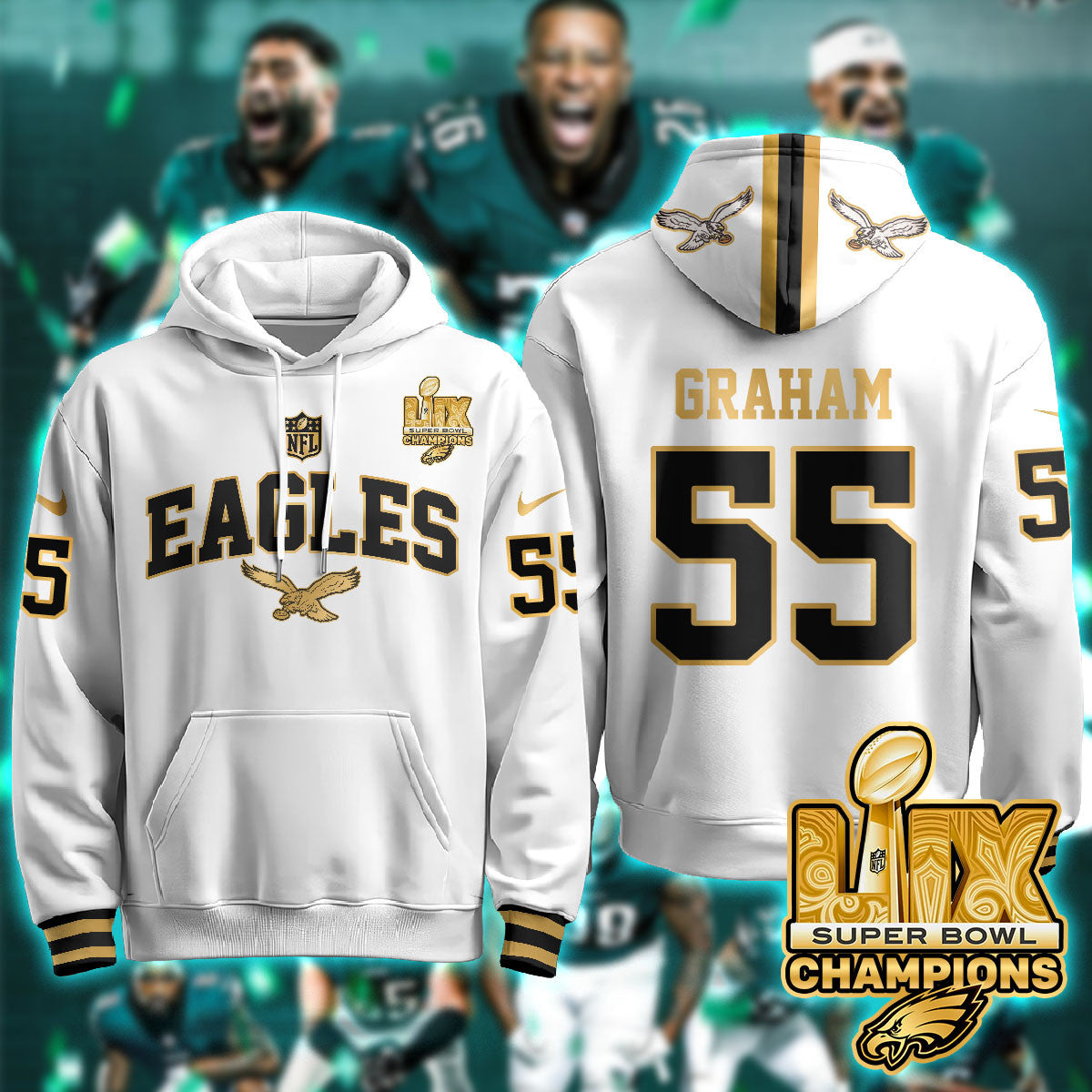 PHI Super Bowl LIX Champions Gold Hoodie N2R - Stitched