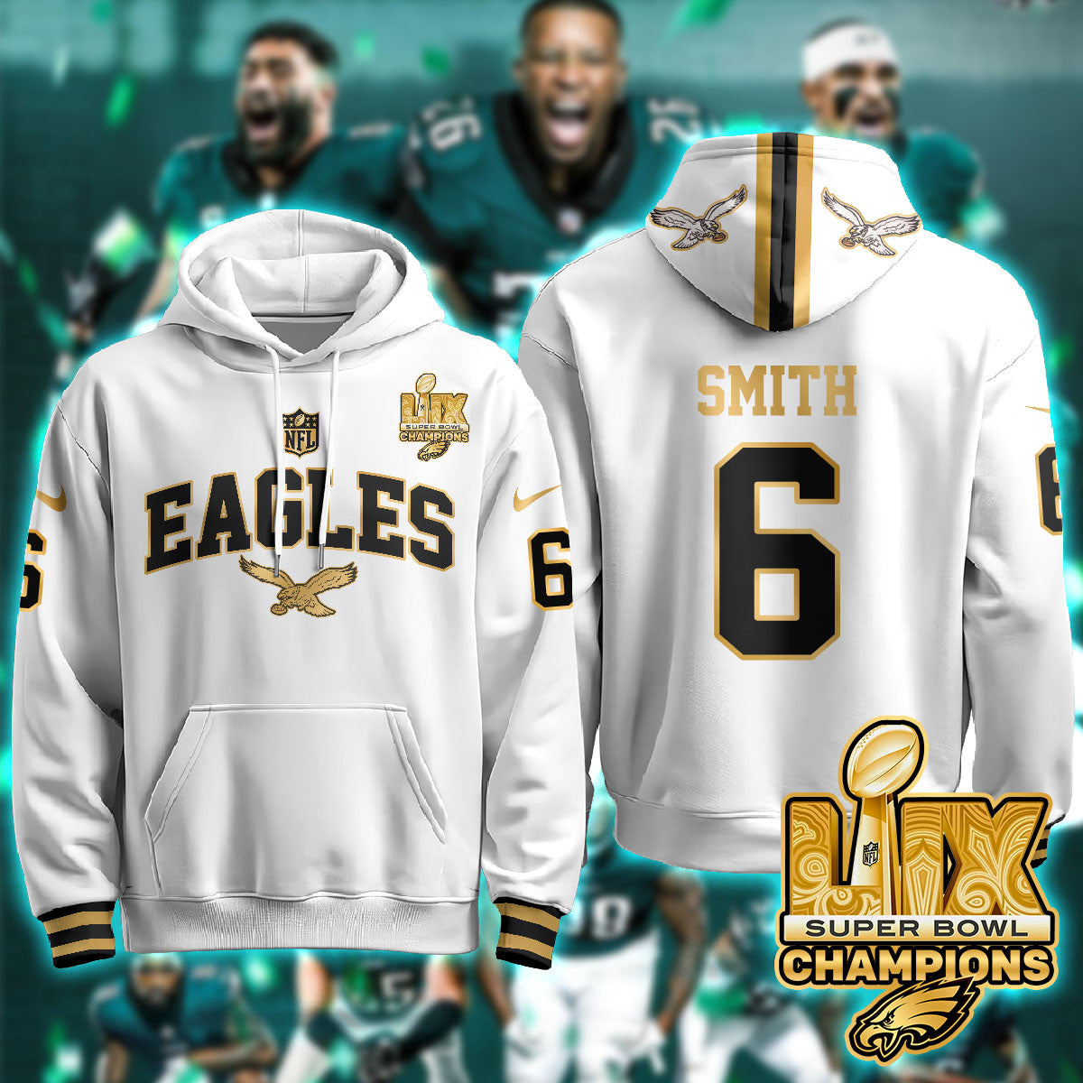 PHI Super Bowl LIX Champions Gold Hoodie N2R - Stitched