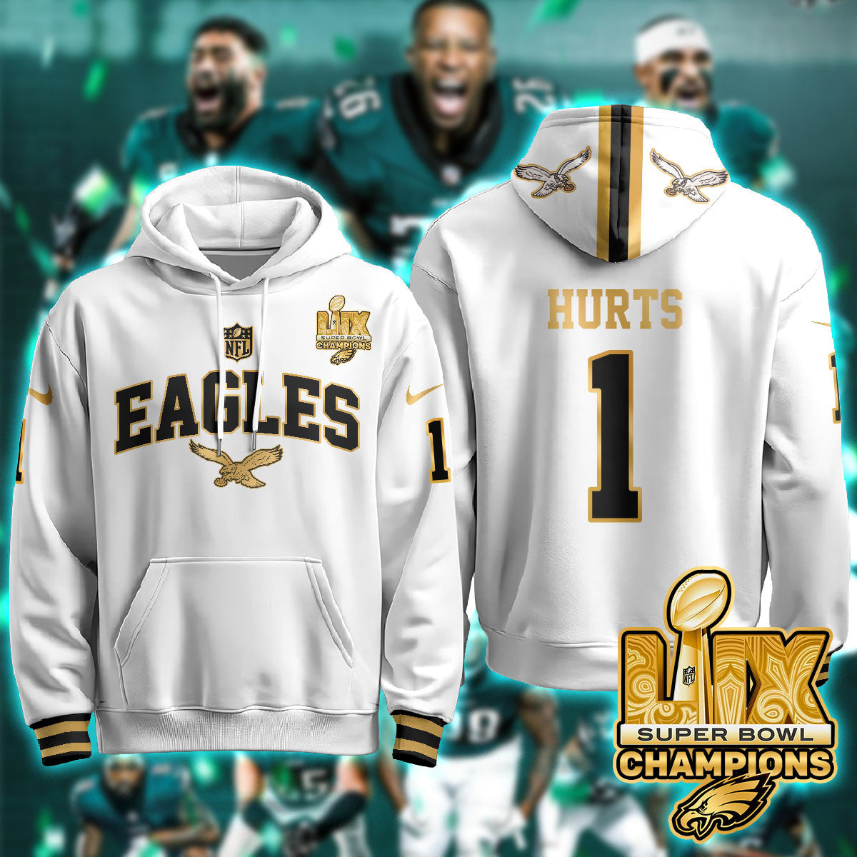 PHI Super Bowl LIX Champions Gold Hoodie N2R - Stitched